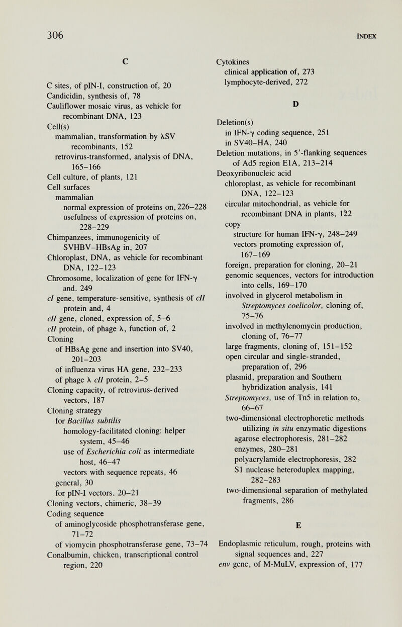 306 Index С С sites, of pIN-I, construction of, 20 Candicidin, synthesis of, 78 Cauliflower mosaic virus, as vehicle for recombinant DNA, 123 Cell(s) mammalian, transformation by XSV recombinants, 152 retrovirus-transformed, analysis of DNA, 165-166 Cell culture, of plants, 121 Cell surfaces mammalian normal expression of proteins on, 226-228 usefulness of expression of proteins on, 228-229 Chimpanzees, immunogenicity of SVHBV-HBsAg in, 207 Chloroplast, DNA, as vehicle for recombinant DNA, 122-123 Chromosome, localization of gene for IFN-7 and. 249 cl gene, temperature-sensitive, synthesis of cll protein and, 4 cll gene, cloned, expression of, 5-6 cII protein, of phage function of, 2 Cloning of HBsAg gene and insertion into SV40, 201-203 of influenza virus HA gene, 232-233 of phage X cll protein, 2-5 Cloning capacity, of retrovirus-derived vectors, 187 Cloning strategy for Bacillus subtilis homology-facilitated cloning: helper system, 45-46 use of Escherichia coli as intermediate host, 46-47 vectors with sequence repeats, 46 general, 30 for pIN-I vectors. 20-21 Cloning vectors, chimeric, 38-39 Coding sequence of aminoglycoside phosphotransferase gene, 71-72 of viomycin phosphotransferase gene, 73-74 Conalbumin, chicken, transcriptional control region, 220 Cytokines clinical application of, 273 lymphocyte-derived, 272 D Deletion(s) in IFN-7 coding sequence, 251 in SV40-HA, 240 Deletion mutations, in 5'-flanking sequences of Ad5 region EIA, 213-214 Deoxyribonucleic acid chloroplast, as vehicle for recombinant DNA, 122-123 circular mitochondrial, as vehicle for recombinant DNA in plants, 122 copy structure for human IFN-7, 248-249 vectors promoting expression of, 167-169 foreign, preparation for cloning, 20-21 genomic sequences, vectors for introduction into cells, 169-170 involved in glycerol metabolism in Streptomyces coelicolor, cloning of, 75-76 involved in methylenomycin production, cloning of, 76-77 large fragments, cloning of, 151-152 open circular and single-stranded, preparation of, 296 plasmid, preparation and Southern hybridization analysis, 141 Streptomyces, use of Tn5 in relation to, 66-67 two-dimensional electrophoretic methods utilizing in situ enzymatic digestions agarose electrophoresis, 281-282 enzymes, 280-281 Polyacrylamide electrophoresis, 282 SI nuclease heteroduplex mapping, 282-283 two-dimensional separation of methylated fragments, 286 E Endoplasmic reticulum, rough, proteins with signal sequences and, 227 env gene, of M-MuLV, expression of, 177