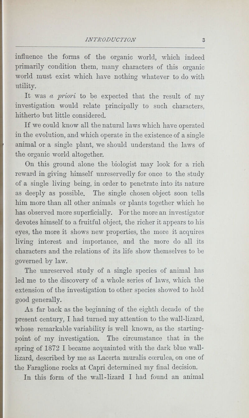 INTRODUCTION influence the forms of the organic world, which indeed primarily condition them, many characters of this organic world must exist which have nothing Avhatever to do with utility. It was a 'jn^icrri to be expected that the result of my investigation would relate princijjally to such characters, hitherto but little considered. If we could know all the natural laws which have operated in the evolution, and which operate in the existence of a single animal or a single plant, we should understand the laws of the organic world altogether. On this ground alone the biologist may look for a rich reward in giving himself unreservedly for once to the study of a single living being, in order to penetrate into its nature as deeply as possible. The single chosen object soon tells him more than all other animals or plants together which he has observed more superficially. For the more an investigator devotes himself to a fruitful object, the richer it appears to his eyes, the more it shows new properties, the more it acquires living interest and importance, and the more do all its characters and the relations of its life show themselves to be governed by law. The unreserved study of a single species of animal has led me to the discovery of a whole series of laws, which the extension of the investigation to other species showed to hold good generally. As far back as the beginning of the eighth decade of the present century, I had turned my attention to the wall-lizard, whose remarkable variability is well known, as the starting- point of my investigation. The circumstance that in the spring of 1872 I became acquainted with the dark blue wall- lizard, described by me as Lacerta muralis cœrulea, on one of the Faraglione rocks at Capri determined my final decision. In this form of the wall-lizard I had found an animal