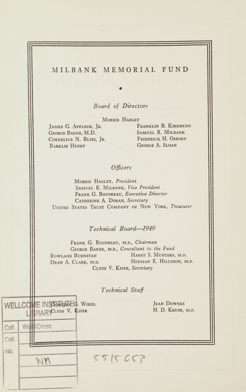 WELLCC L f Cö!l. jcdl No. Wt ! MILBANK MEMORIAL FUND Board of Directors Morris Hadley James G. Affleck, Jr. Franklin B. Kirkbride George Baehr, M.D. Samuel R. Milbank Cornelius N. Bliss, Jr. Frederick H. Osborn Barklie Henry George A. Sloan Officers Morris Hadley, President Samuel R. Milbank, Vice President Frank G. Boudreau, Executive Director Catherine A. Doran, Secretary United States Trust Company of New York, Treasurer Technical Board—1949 Frank G. Boudreau, m.d., Chairman George Baehr, m.d., Consultant to the Fund Rowland Burnstan Harry S. Mustard, m.d. Dean A. Clark, m.d. Herman E. Hilleboe, m.d. Clyde V. Kiser, Secretary Technical Staff |E INOTSWbI w RARf LlroE v - f ,s “ SOnisc 1 IEHL Jean Downes H. D. Kruse, m.d. ; — ç ?(r cr? VlYV