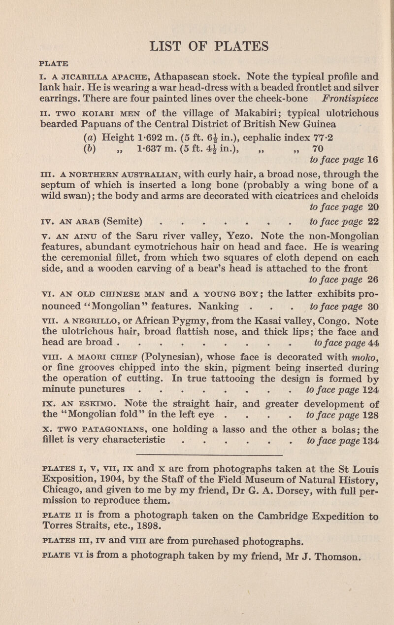 LIST OF PLATES PLATE I. A jiCARiLiiA APACHE, Athapascan stock. Note the typical profile and lank hair. He is wearing a war head-dress with a beaded frontlet and silver earrings. There are four painted lines over the cheek-bone Frontispiece II. TWO KOI ABI MEN of the village of Makabiri; typical ulotrichous bearded Papuans of the Central District of British New Guinea (a) Height 1-692 m. (5 ft. 6 J in.), cephalic index 77-2 (&) „ 1-637 m. (5 ft. 4| in.), „ „ 70 to face page 16 III. A NORTHERN AUSTRALIAN, with curly hair, a broad nose, through the septum of which is inserted a long bone (probably a wing bone of a wild swan) ; the body and arms are decorated with cicatrices and cheloide to face page 20 IV. AN ARAB (Semite) to face page 22 V. AN AINU of the Saru river valley, Yezo. Note the non-Mongolian features, abundant cymotrichous hair on head and face. He is wearing the ceremonial fillet, from which two squares of cloth depend on each side, and a wooden carving of a bear's head is attached to the front to face page 26 VI. AN OLD CHINESE MAN and A YOUNG BOY; the latter exhibits pro¬ nounced Mongolian features. Nanking . . . to face page 30 VII. A NEGRILLO, ОГ African Pygmy, from the Kasai valley, Congo. Note the ulotrichous hair, broad fiattish nose, and thick lips; the face and head are broad to face page 44 VIII. A MAORI CHIEF (Polynesian), whose face is decorated with moko, or fine grooves chipped into the skin, pigment being inserted during the operation of cutting. In true tattooing the design is formed by minute punctures to face page 124 IX. AN ESKIMO. Note the straight hair, and greater development of the Mongolian fold in the left eye .... to face page IIS X. TWO PATAGONiANS, опс holding a lasso and the other a bolas; the fillet is very characteristic to face page 134 PLATES I, V, VII, IX and X are from photographs taken at the St Louis Exposition, 1904, by the Staff of the Field Museum of Natural History, Chicago, and given to me by my friend, Dr G. A. Dorsey, with full per¬ mission to reproduce them. PLATE II is from a photograph taken on the Cambridge Expedition to Torres Straits, etc., 1898. PLATES III, IV and vrii are from purchased photographs. PLATE VI is from a photograph taken by my friend, Mr J. Thomson.