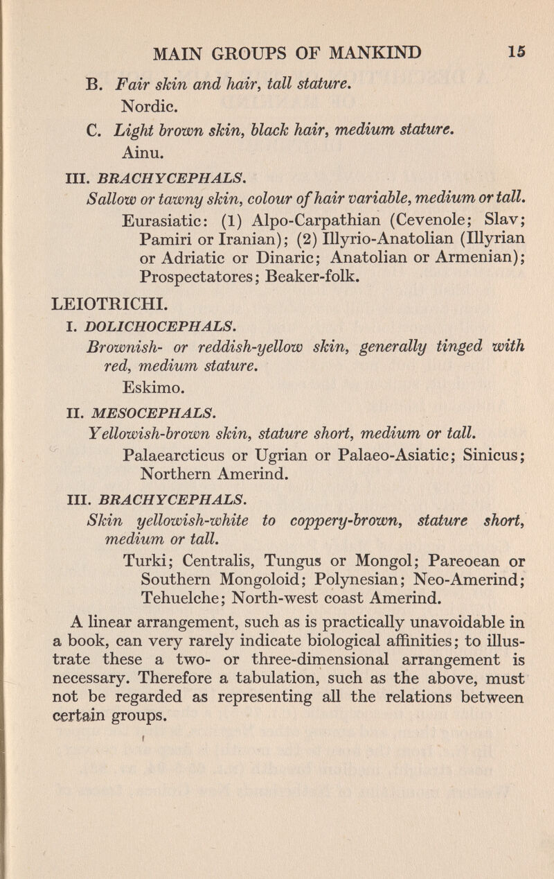 MAIN GROUPS OF MANKIND 15 B. Fair skin and hair, tall stature, Nordic. C. Light brown skin, black hair, medium stature. Ainu. III. BRACHYCEPHALS. Sallow or tawny skin, colour of hair variable, medium or tall, Eurasiatic: (1) Alpo-Carpathian (Cevenole; Slav; Pamiri or Iranian); (2) Illy rio-Anatolian (Illyrian or Adriatic or Binarie; Anatolian or Armenian); Prospectatores ; Beaker-folk. LEIOTRICHI. I. DOLICHOCEPHALS. Brownish- or reddish-yellow skin, generally tinged with red, medium stature, Eskimo. II. MESOCEPHALS. Yellowish-brown skin, stature short, medium or tall. Palaearcticus or Ugrian or Palaeo-Asiatic ; Sinicus; Northern Amerind. III. BRACHYCEPHALS. Skin yellowish-white to coppery-brown, stature short, medium or tall. Turki; Centralis, Tungus or Mongol; Pareoean or Southern Mongoloid; Polynesian; Neo-Amerind; Tehuelche; North-west coast Amerind. A linear arrangement, such as is practically unavoidable in a book, can very rarely indicate biological affinities ; to illus¬ trate these a two- or three-dimensional arrangement is necessary. Therefore a tabulation, such as the above, must not be regarded as representing all the relations between certain groups.