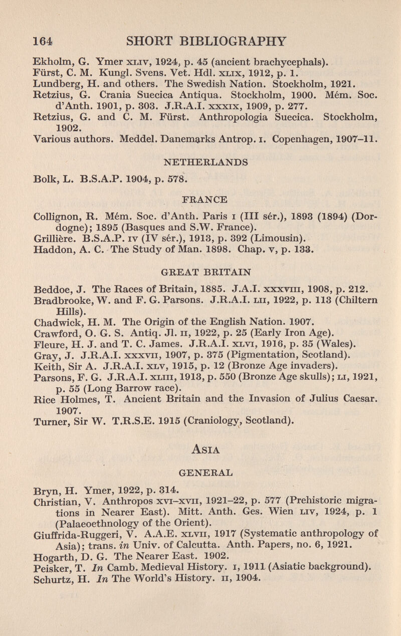 164 SHORT BIBLIOGRAPHY Ekholm, G. Ymer xbiv, 1924, p. 45 (ancient brachycephals). Fürst, С. M. Kungl. Svens. Vet. Hdl. хых, 1912, p. 1. Lundberg, H. and others. The Swedish Nation. Stockholm, 1921. Retzius, G. Crania Suecica Antiqua. Stockholm, 1900. Mém. Soc. d'Anth. 1901, p. 303. J.R.A.I. xxxix, 1909, p. 277. Retzius, G. and C. M. Fürst. Anthropologia Suecica. Stockholm, 1902. Various authors. Meddel. Danemarks Antrop. i. Copenhagen, 1907-11. NETHERLANDS Bolk, L. B.S.A.P. 1904, p. 578. france CoUignon, R. Mém. Soc. d'Anth. Paris i (III sér.), 1893 (1894) (Dor- dogne); 1895 (Basques and S.W. France). Grillière. B.S.A.P. iv (IV sér.), 1913, p. 392 (Limousin). Haddon, A. C. The Study of Man. 1898. Chap, v, p. 133. great britain Beddoe, J. The Races of Britain, 1885. J.A.I, xxxnii, 1908, p. 212. Bradbrooke, W. and F. G. Parsons. J.R.A.I. lii, 1922, p. 113 (Chiltern Hills). Chadwick, H. M. The Origin of the English Nation. 1907. Crawford, O. G. S. Antiq. Jl. ii, 1922, p. 25 (Early Iron Age). Fleure, H. J. and T. C. James. J.R.A.I. xlvi, 1916, p. 35 (Wales). Gray, J. J.R.A.I. xxxvii, 1907, p. 375 (Pigmentation, Scotland). Keith, Sir A. J.R.A.I. xlv, 1915, p. 12 (Bronze Age invaders). Parsons, F. G. J.R.A.I. xliii, 1913, p. 550 (Bronze Age skulls); ы, 1921, p. 55 (Long Barrow race). Rice Holmes, T. Ancient Britain and the Invasion of Julius Caesar. 1907. Turner, Sir W. T.R.S.E. 1915 (Craniology, Scotland). Asia general Bryn, H. Ymer, 1922, p. 314. Christian, V. Anthropos xvi-xvii, 1921-22, p. 577 (Prehistoric migra¬ tions in Nearer East). Mitt. Anth. Ges. Wien liv, 1924, p. 1 (Palaeoethnology of the Orient). Giuffrida-Ruggeri, V. A.A.E. xlvii, 1917 (Systematic anthropology of Asia); trans, in Univ. of Calcutta. Anth. Papers, no. 6, 1921. Hogarth, D. G. The Nearer East. 1902. Peisker, T. In Camb. Medieval History, i, 1911 (Asiatic background). Schurtz, H. In The World's History, ii, 1904.