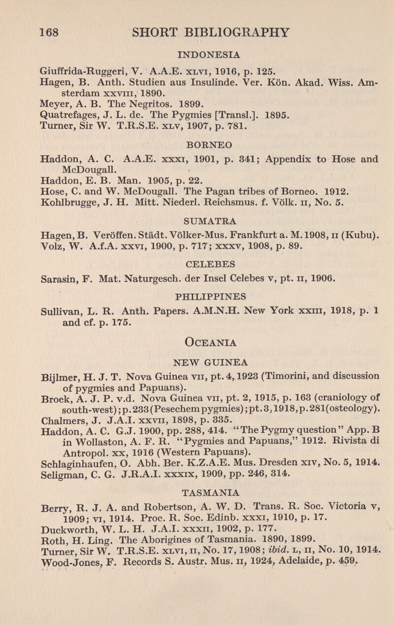 168 SHORT BIBLIOGRAPHY indonesia Giuffrida-Ruggeri, V. A.A.E. xlvi, 1916, p. 125. Hägen, В. Anth. Studien aus Insulinde. Ver. Kön. Akad. Wiss. Am¬ sterdam xxviii, 1890. Meyer, A. B. The Negritos. 1899. Quatrefages, J. L. de. The Pygmies [Transí.]. 1895. Turner, Sir W. T.R.S.E. xlv, 1907, p. 781. borneo Haddon, A. C. A.A.E. xxxi, 1901, p. 341; Appendix to Hose and McDougall. Haddon, E. B. Man. 1905, p. 22. Hose, C. and W. McDougall. The Pagan tribes of Borneo. 1912. Kohlbrugge, J. H. Mitt. Niederl. Reichsmus. f. Volk, ii. No. 5. sumatra Hagen, B. Veröffen. Städt. Völker-Mus. Frankfurt a. M. 1908, ii (Kubu). Volz, W. A.f.A. XXVI, 1900, p. 717; xxxv, 1908, p. 89. ' celebes Sarasin, F. Mat. Naturgesch. der Insel Celebes v, pt. ii, 1906. philippines Sullivan, L. R. Anth. Papers. A.M.N.H. New York xxiii, 1918, p. 1 and cf. p. 175. Oceania new guinea Bijimer, H. J. T. Nova Guinea vii, pt. 4,1923 (Timorini, and discussion of pygmies and Papuans). Broek, A. J. P. v.d. Nova Guinea vii, pt. 2, 1915, p. 163 (craniology of south-west) ; p. 233 ( Pesechem pygmies) ;pt.3jl918,p.281( osteology). Chalmers, J. J.A.I, xxvii, 1898, p. 335. Haddon, A. C. G.J. 1900, pp. 288, 414. The Pygmy question App. В in Wollaston, A. F. R. Pygmies and Papuans, 1912. Rivista di Antropol. xx, 1916 (Western Papuans). Schlaginhaufen, O. Abh. Ber. K.Z.A.E. Mus. Dresden xiv. No. 5, 1914. Seligman, C. G. J.R.A.I. xxxix, 1909, pp. 246, 314. tasmania Berry, R. J. A. and Robertson, A. W. D. Trans. R. Soc. Victoria v, 1909; VI, 1914. Proc. R. Soc. Edinb. xxxi, 1910, p. 17. Duckworth, W. L. H. J.A.I, xxxii, 1902, p. 177. Roth, H. Ling. The Aborigines of Tasmania. 1890, 1899. Turner, Sir W. T.R.S.E. xlvi, ii, No. 17,1908; ibid, l, ii. No. 10, 1914. Vyood-Jones, F. Records S. Austr. Mus. ii, 1924, Adelaide, p. 459.