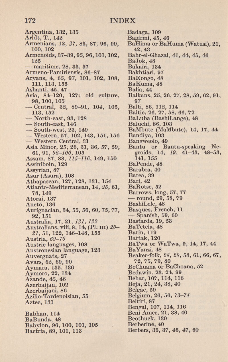 172 INDEX Argentina, 132, 135 Arldt, T., 142 Armenians, 12, 27, 85, 87, 96, 99, 100, 102 Armenoids, 37-39,95,96,101,102, 125 — maritime, 28, 35, 57 Armeno-Pamiriensis, 86-87 Aryans, 4, 65, 97, 101, 102, 108, 111, 113, 155 Ashanti, 45, 47 Asia, 84-120, 127; old culture, 98, 100, 105 — Central, 32, 89-91, 104, 105, 113, 152 — North-east, 93, 128 — South-east, 146 — South-west, 23, 149 — Western, 57, 102, 143, 151, 156 — Western Central, 31 Asia Minor, 25, 26, 31, 36, 57, 59, 61, 91, 96-100, 105 Assam, 87, 88, 115-116, 149, 150 Assiniboin, 129 Assyrian, 87 Asur (Asura), 108 Athapascan, 127, 128, 131, 154 Atlanto-Mediterranean, 14, 25, 61, 78, 149 Atorai, 137 Auetö, 136 Aurignacian, 34, 55, 56, 60, 75, 77, 92, 151 Australia, 17, 21, 121, 122 Australians, viii, 8,14, (PI. in) 20— 21, 51, 122, 146-148, 155 Austria, 69—70 Austrie languages, 108 Austronesian language, 123 Auvergnats, 27 Avars, 62, 69, 90 Aymara, 135, 136 Aymoro, 22, 134 Azande, 45, 46 Azerbaijan, 102 Azerbaijani, 86 Azilio-Tardenoisian, 55 Aztec, 131 Babhan, 114 BaBunda, 48 Babylon, 96, 100, 101, 105 Bactria, 89, 101, 113 Badaga, 109 Bagirmi, 45, 46 BaHima or BaHuma (Watusi), 21, 42, 43 Bahr-el-Ghazal, 41, 44, 45, 46 BaJok, 48 Bakairi, 134 Bakhtiari, 97 BaKongo, 48 BaKuma, 48 Balia, 44 Balkans, 25, 26, 27, 28, 59, 62, 91, 97 Baiti, 86, 112, 114 Baltic, 26, 27, 58, 66, 72 BaLuba (BashiLange), 48 Baluchi, 86, 103 BaMbute (MaMbute), 14, 17, 44 Bandiya, 103 Bangweolo, 49 Bantu or Bantu-speaking Ne¬ groids, 14, 19, 41-43, 48-53, 141, 155 BaPende, 48 Barabra, 40 Barea, 39 Bari, 42 BaRotse, 52 Barrows, long, 57, 77 — round, 29, 58, 79 BashiLele, 48 Basques, French, 11 — Spanish, 59, 60 Bastards, 19, 53; BaTetela, 48 Batin, 119 Battak, 120 BaTwa or WaTwa, 9, 14, 17, 44 BaYanzi, 48 Beaker-folk, 28, 29, 58, 61, 66, 67, 72, 75, 79, 80 BeChuana or BaChoana, 52 Bedawin, 23, 24, 99 Behar, 107, 114, 116 Beja, 21, 24, 38, 40 Belgae, 59 Belgium, 26, 56, 73—74 Beltiri, 87 Bengal, 107, 114, 116 Beni Amer, 21, 38, 40 Beothuck, 130 Berberine, 40 Berbers, 36, 37, 46, 47, 60