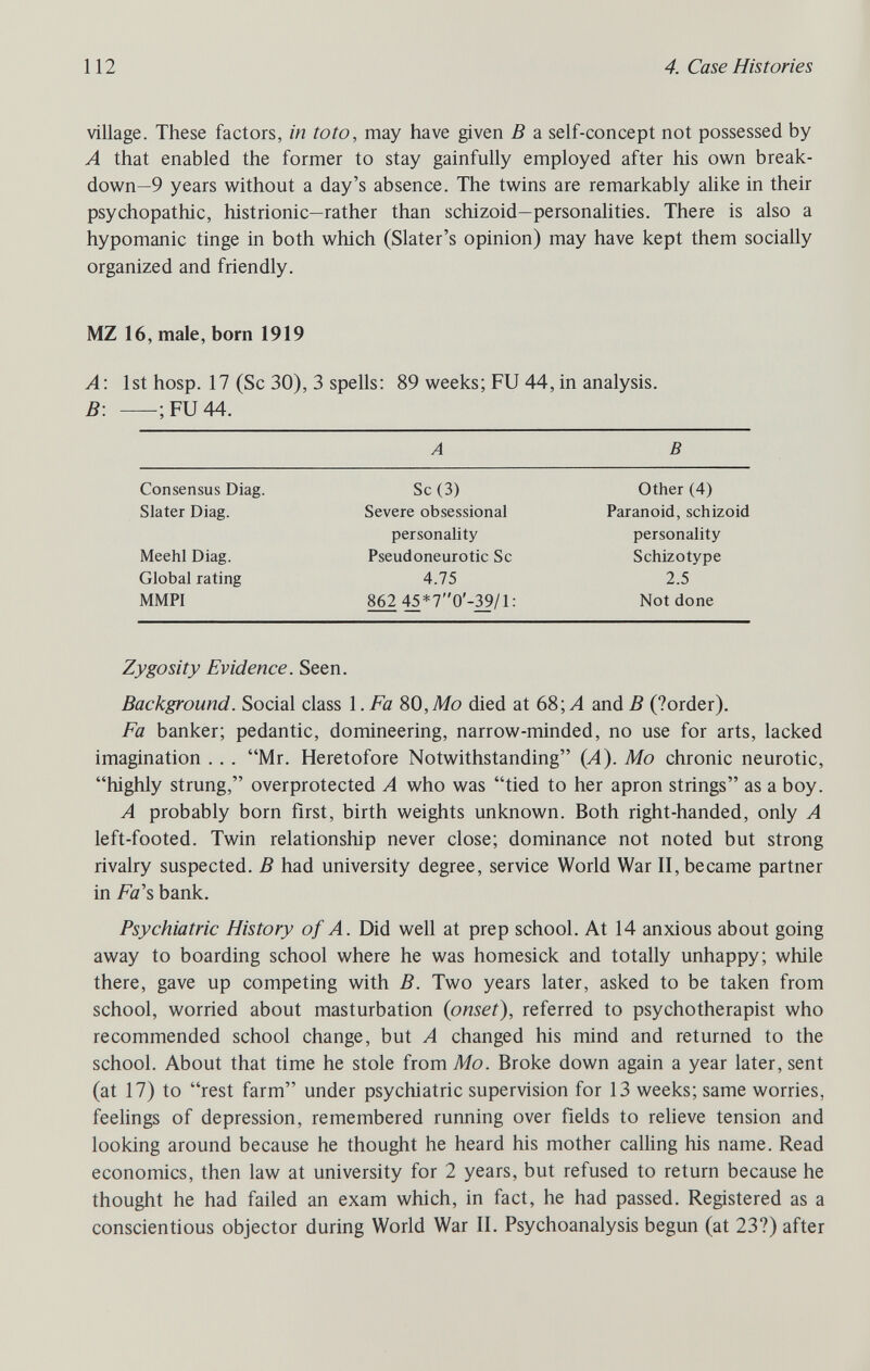 112 4. Case Histories village. These factors, in toto, may have given В a self-concept not possessed by A that enabled the former to stay gainfully employed after his own break- dov^'n—9 years v^ithout a day's absence. The twins are remarkably alike in their psychopathic, histrionic—rather than schizoid—personalities. There is also a hypomanic tinge in both which (Slater's opinion) may have kept them socially organized and friendly. ML 16, male, born 1919 A\ 1st hosp. 17 (Sc 30), 3 spells; 89 weeks; FU 44, in analysis. B\ ;FU44. A В Zygosity Evidence. Seen. Background. Social class 1. Fa 80, Mo died at 68; Л and В (?order). Fa banker; pedantic, domineering, narrow-minded, no use for arts, lacked imagination . . . Mr. Heretofore Notwithstanding (A). Mo chronic neurotic, highly strung, overprotected A who was tied to her apron strings as a boy. A probably born first, birth weights unknown. Both right-handed, only A left-footed. Twin relationship never close; dominance not noted but strong rivalry suspected. В had university degree, service World War II, became partner in Fa's bank. Psychiatric History of A. Did well at prep school. At 14 anxious about going away to boarding school where he was homesick and totally unhappy; while there, gave up competing with B. Two years later, asked to be taken from school, worried about masturbation {onset), referred to psychotherapist who recommended school change, but A changed his mind and returned to the school. About that time he stole from Mo. Broke down again a year later, sent (at 17) to rest farm under psychiatric supervision for 13 weeks; same worries, feelings of depression, remembered running over fields to relieve tension and looking around because he thought he heard his mother calling his name. Read economics, then law at university for 2 years, but refused to return because he thought he had failed an exam which, in fact, he had passed. Registered as a conscientious objector during World War II. Psychoanalysis begun (at 23?) after