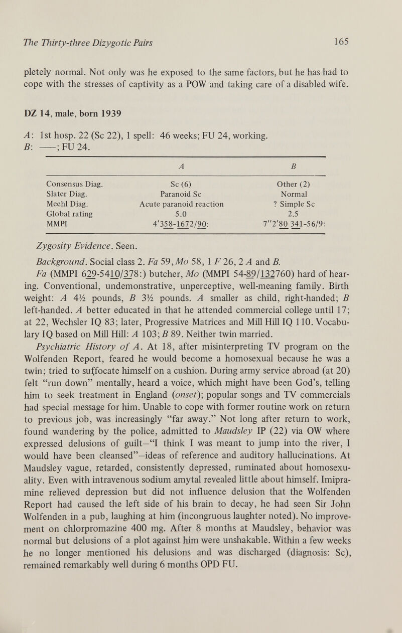 The Thirty-three Dizygotic Pairs 165 pletely normal. Not only was he exposed to the same factors, but he has had to cope with the stresses of captivity as a POW and taking care of a disabled wife. DZ 14, male, born 1939 A: 1st hosp. 22 (Sc 22), 1 spell: 46 weeks; FU 24, working. B: —;FU24. A В Zygosity Evidence. Seen. Background. Social class 2. Fa 59,Mo 58, 1 F 26, 2 A and B. Fa (MMPI 6^-5410/^8:) butcher. Mo (MMPI 54-^9/132760) hard of hear¬ ing. Conventional, undemonstrative, unperceptive, weU-meaning family. Birth weight: A AVi pounds, В 3Vz pounds. A smaller as child, right-handed; В left-handed. A better educated in that he attended commercial college until 17; at 22, Wechsler IQ 83; later. Progressive Matrices and MiH НШ IQ 110. Vocabu¬ lary IQ based on МШ Hill; A 103;5 89. Neither twin married. Psychiatric History of A. At 18, after misinterpreting TV program on the Wolfenden Report, feared he would become a homosexual because he was a twin; tried to suffocate himself on a cushion. During army service abroad (at 20) felt run down mentally, heard a voice, which might have been God's, telling him to seek treatment in England {onset)-, popular songs and TV commercials had special message for him. Unable to cope with former routine work on return to previous job, was increasingly far away. Not long after return to work, found wandering by the police, admitted to Maudsley IP (22) via OW where expressed delusions of guÜt—I think I was meant to jump into the river, I would have been cleansed—ideas of reference and auditory hallucinations. At Maudsley vague, retarded, consistently depressed, ruminated about homosexu¬ ality. Even with intravenous sodium amytal revealed httle about himself. Imipra¬ mine relieved depression but did not influence delusion that the Wolfenden Report had caused the left side of his brain to decay, he had seen Sir John Wolfenden in a pub, laughing at him (incongruous laughter noted). No improve¬ ment on chlorpromazine 400 mg. After 8 months at Maudsley, behavior was normal but delusions of a plot against him were unshakable. Within a few weeks he no longer mentioned his delusions and was discharged (diagnosis; Sc), remained remarkably well during 6 months OPD FU.