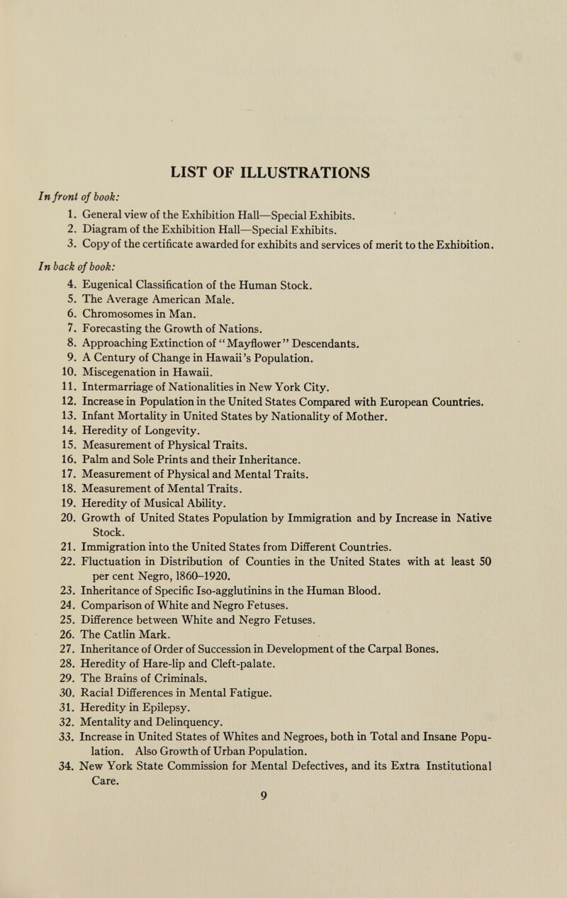 LIST OF ILLUSTRATIONS In front of book: 1. General view of the Exhibition Hall—Special Exhibits. 2. Diagram of the Exhibition Hall—Special Exhibits. 3. Copy of the certificate awarded for exhibits and services of merit to the Exhibition. In back of book: 4. Eugenical Classification of the Human Stock. 5. The Average American Male. 6. Chromosomes in Man. 7. Forecasting the Growth of Nations. 8. Approaching Extinction of Mayflower Descendants. 9. A Century of Change in Hawaii's Population. 10. Miscegenation in Hawaii. 11. Intermarriage of Nationalities in New York City. 12. Increase in Population in the United States Compared with European Countries. 13. Infant Mortality in United States by Nationality of Mother. 14. Heredity of Longevity. 15. Measurement of Physical Traits. 16. Palm and Sole Prints and their Inheritance. 17. Measurement of Physical and Mental Traits. 18. Measurement of Mental Traits. 19. Heredity of Musical Ability. 20. Growth of United States Population by Immigration and by Increase in Native Stock. 21. Immigration into the United States from Different Countries. 22. Fluctuation in Distribution of Counties in the United States with at least 50 per cent Negro, 1860-1920. 23. Inheritance of Specific Iso-agglutinins in the Human Blood. 24. Comparison of White and Negro Fetuses. 25. Difference between White and Negro Fetuses. 26. The Catlin Mark. 27. Inheritance of Order of Succession in Development of the Carpal Bones. 28. Heredity of Hare-lip and Cleft-palate. 29. The Brains of Criminals. 30. Racial Differences in Mental Fatigue. 31. Heredity in Epilepsy. 32. Mentality and Delinquency. 33. Increase in United States of Whites and Negroes, both in Total and Insane Popu lation. Also Growth of Urban Population. 34. New York State Commission for Mental Defectives, and its Extra Institutional Care.