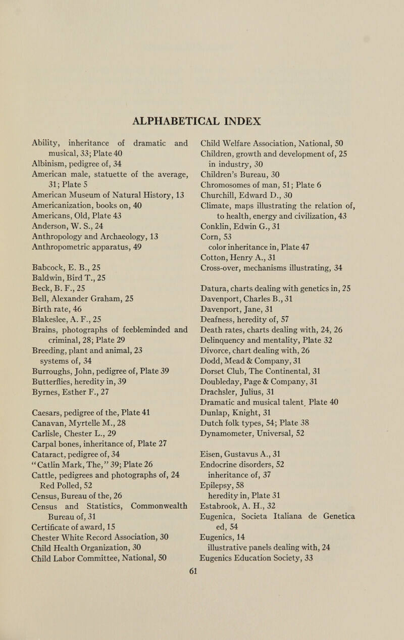 alphabetical index Ability, inheritance of dramatic and musical, 33; Plate 40 Albinism, pedigree of, 34 American male, statuette of the average, 31; Plate 5 American Museum of Natural History, 13 Americanization, books on, 40 Americans, Old, Plate 43 Anderson, W. S., 24 Anthropology and Archaeology, 13 Anthropometric apparatus, 49 Babcock, E. B., 25 Baldwin, Bird T., 25 Beck, B. F., 25 Bell, Alexander Graham, 25 Birth rate, 46 Blakeslee, A. F., 25 Brains, photographs of feebleminded and criminal, 28; Plate 29 Breeding, plant and animal, 23 systems of, 34 Burroughs, John, pedigree of, Plate 39 Butterflies, heredity in, 39 Byrnes, Esther F., 27 Caesars, pedigree of the, Plate 41 Canavan, Myrtelle M., 28 Carlisle, Chester L., 29 Carpal bones, inheritance of, Plate 27 Cataract, pedigree of, 34  Catlin Mark, The,  39; Plate 26 Cattle, pedigrees and photographs of, 24 Red Polled, 52 Census, Bureau of the, 26 Census and Statistics, Commonwealth Bureau of, 31 Certificate of award, 15 Chester White Record Association, 30 Child Health Organization, 30 Child Labor Committee, National, 50 Child Welfare Association, National, 50 Children, growth and development of, 25 in industry, 30 Children's Bureau, 30 Chromosomes of man, 51 ; Plate 6 Churchill, Edward D., 30 Climate, maps illustrating the relation of, to health, energy and civilization, 43 Conklin, Edwin G., 31 Corn, 53 color inheritance in, Plate 47 Cotton, Henry A., 31 Cross-over, mechanisms illustrating, 34 Datura, charts dealing with genetics in, 25 Davenport, Charles B., 31 Davenport, Jane, 31 Deafness, heredity of, 57 Death rates, charts dealing with, 24, 26 Delinquency and mentality, Plate 32 Divorce, chart dealing with, 26 Dodd, Mead & Company, 31 Dorset Club, The Continental, 31 Doubleday, Page & Company, 31 Drachsler, Julius, 31 Dramatic and musical talent, Plate 40 Dunlap, Knight, 31 Dutch folk types, 54; Plate 38 Dynamometer, Universal, 52 Eisen, Gustavus A., 31 Endocrine disorders, 52 inheritance of, 37 Epilepsy, 58 heredity in, Plate 31 Estabrook, A. H., 32 Eugenica, Società Italiana de Genetica ed, 54 Eugenics, 14 illustrative panels dealing with, 24 Eugenics Education Society, 33
