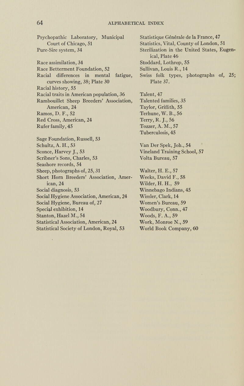 Psychopathic Laboratory, Municipal Court of Chicago, 51 Pure-Sire system, 34 Race assimilation, 34 Race Betterment Foundation, 52 Racial differences in mental fatigue, curves showing, 38; Plate 30 Racial history, 55 Racial traits in American population, 36 Rambouillet Sheep Breeders' Association, American, 24 Ramos, D. F., 52 Red Cross, American, 24 Rufer family, 45 Sage Foundation, Russell, 53 Schultz, A. H., 53 Sconce, Harvey J., 53 Scribner's Sons, Charles, 53 Seashore records, 54 Sheep, photographs of, 25, 31 Short Horn Breeders' Association, Amer ican, 24 Social diagnosis, 53 Social Hygiene Association, American, 24 Social Hygiene, Bureau of, 27 Special exhibition, 14 Stanton, Hazel M., 54 Statistical Association, American, 24 Statistical Society of London, Royal, 53 Statistique Générale de la France, 47 Statistics, Vital, County of London, 51 Sterilization in the United States, Eugen- ical, Plate 46 Stoddard, Lothrop, 55 Sullivan, Louis R., 14 Swiss folk types, photographs of, 25; Plate 37. Talent, 47 Talented families, 35 Taylor, Griffith, 55 Terhune, W. B., 56 Terry, R. J., 56 Tozzer, A. M., 57 Tuberculosis, 45 Van Der Spek, Joh., 54 Vineland Training School, 57 Volta Bureau, 57 Walter, H. E., 57 Weeks, David F., 58 Wilder, H. H., 59 Winnebago Indians, 45 Wissler, Clark, 14 Women's Bureau, 59 Woodbury, Conn., 47 Woods, F. A.,'59 Work, Monroe N., 59 World Book Company, 60