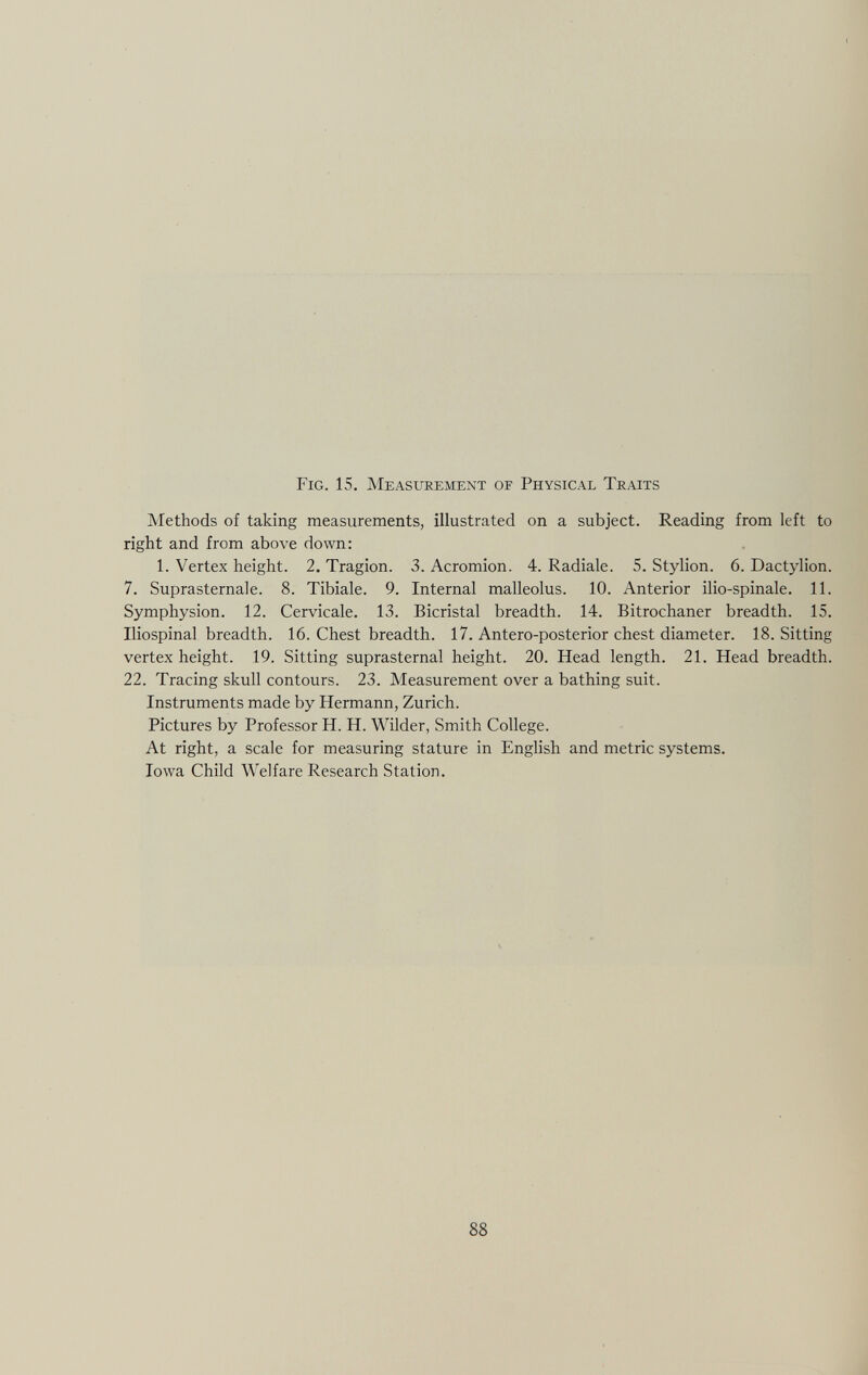 Fig. 15. Measurement of Physical Traits Methods of taking measurements, illustrated on a subject. Reading from left to right and from above down: 1. Vertex height. 2. Tragion. 3. Acromion. 4. Radiale. 5. Stylion. 6. Dactylion. 7. Suprasternale. 8. Tibiale. 9. Internal malleolus. 10. Anterior ilio-spinale. 11. Symphysion. 12. Cervicale. 13. Bicristal breadth. 14. Bitrochaner breadth. 15. Iliospinal breadth. 16. Chest breadth. 17. Antero-posterior chest diameter. 18. Sitting vertex height. 19. Sitting suprasternal height. 20. Head length. 21. Head breadth. 22. Tracing skull contours. 23. Measurement over a bathing suit. Instruments made by Hermann, Zurich. Pictures by Professor H. H. Wilder, Smith College. At right, a scale for measuring stature in English and metric systems. Iowa Child Welfare Research Station.