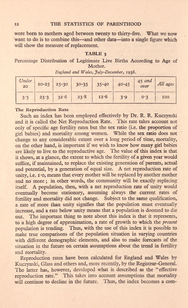 12 THE STATISTICS OF PAIŒNTHOOD were bom to mothers aged between twenty to thirty-five. What we now want to do is to combine this—and other data—^into a single figure which will show the measure of replacement. TABLE 3 Percentage Distribution of Legitimate Live Births According to Age of Mother. England and Wales¡ July-December^ 1938. The Reproduction Rate Such an index has been employed effectively by Dr. R. R. Kucz5rnski and it is called the Net Reproduction Rate. This rate takes account not only of specific age fertihty rates but the sex ratio (i.e. the proportion of girl babies) and mortality among women. While the sex ratio does not change to any considerable extent over a long period of time, mortality, on the other hand, is important if we wish to know how many girl babies are likely to Hve to the reproductive age. The value of this index is that it shows, at a glance, the extent to which the fertility of a given year would suffice, if maintained, to replace the existing generation of parents, actual and potential, by a generation of equal size. A net reproduction rate of unity, i.e. I -o, means that every mother wül be replaced by another mother and no more ; in other words, the community will be exactìy replacing itself. A population, then, with a net reproduction rate of unity would eventually become stationary, assuming always the current rates of fertility and mortality did not change. Subject to the same qualification, a rate of more than unity signifies that the population must eventually increase, and a rate below unity means that a population is doomed to die out. The important thing to note about this index is that it represents, to a high degree of approximation, a rate of growth to which the present population is tending. Thus, with the use of this index it is possible to m^e true comparisons of the population situation in varying countries with different demographic elements, and also to make forecasts of the situation in the future on certain assumptions about the trend in fertihty and mortality. Reproduction rates have been calculated for England and Wales by Kuczynski, Glass and others and, more recently, by the Registrar-General. The latter has, however, developed what is described as the effective reproduction rate. This takes into account assumptions that mortahty wül continue to decline in the future. Thus, the index becomes a com-