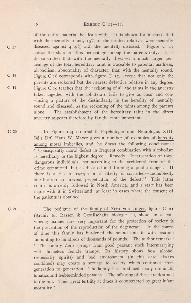 6 exhibit с 17—21. of the entire material he deals with. It is shown for instance that with the mentally sound, 15% of the tainted relatives were mentally diseased against 45.9% with the mentally diseased. Figure (J 17 shows the share of this percentage among the parents only. It is demonstrated that with the mentally diseased a much larger per¬ centage of the total hereditary taint is traceable to parental madness, alcoholism, abnormality of character, than with the mentally sound. Figure С 18 corresponds with figure С 17, except that not only the parénts are reckoned but the nearest defective relative in any degree. Figure С 19 teaches that the leckoning of all the taints in the ancestry taken together with the collaterals fails to give as clear and con¬ vincing a picture of the dissimilarity in the heredity of mentally sound and diseased, as the reckoning of the taints among the parents alone. The establishment of the hereditary taint in the direct ancestry appears therefore by far the more important. С 20 In Figure 144 (Journal f. Psychologie und Neurologie. XIII. Bd.) Drf. Hans W. Mayer gives a number of examples of heredity among moral imbeciles, and he draws the following conclusions : Í' Consequently moral defect in frequent combination with alcoholism is hereditary in the highest degree. Remedy : Incarceration of these dangerous individuals, not according to the accidental form of the crime committed, but as diseased and forming a public danger. If there is a risk of escape or if liberty is conceded—undoubtedly sterilisation to prevent perpetuation of the defect. This latter course is already followed in North America, and a start has been made with it in Switzerland, at least in cases where the consent of the patients is obtained. С 21 The pedigree of the family of Zero voa Jorger, figure С ai (Archiv für Rassen & Geselischafts biologie I.), shows in a con¬ vincing manner how very important for the protection of society is the prevention of the reproduction of the degenerate. In the course of time this family has burdened the sound and fit with taxation amounting to hundreds of thousands of pounds. The author remarks :  The family Zero springs from good peasant stock intermarrying with homeless female tramps. Its history shows how alcohol (especially spirits) and bad environment (in this case always combined) may create a scourge to society which continues from generation to generation. The family has produced many criminals, lunatics and feeble-minded persons. The offspring of these are destined to die out. Their great fertility at times is counteracted by great infant mortality. С 17 S С 18 С 19