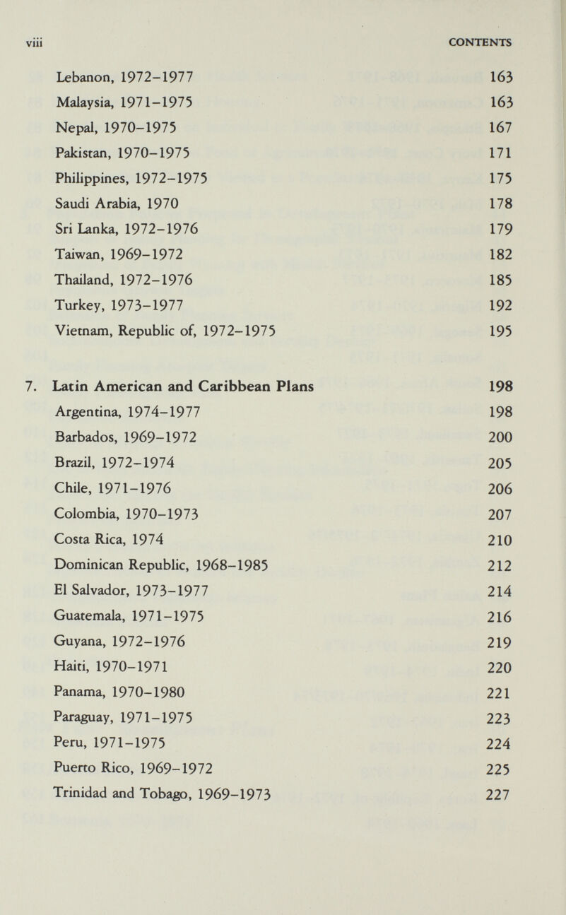 viii CONTENTS Lebanon, 1972-1977 163 Malaysia, 1971-1975 163 Nepal, 1970-1975 167 Pakistan, 1970-1975 171 Philippines, 1972-1975 175 Saudi Arabia, 1970 178 В Sri Lanka, 1972-1976 179 Taiwan, 1969-1972 182 Thailand, 1972-1976 185 Turkey, 1973-1977 192 Vietnam, Republic of, 1972-1975 195 7. Latin American and Caribbean Plans 198 Argentina, 1974-1977 198 Barbados, 1969-1972 200 Brazil, 1972-1974 205 Chile, 1971-1976 206 Colombia, 1970-1973 207 Costa Rica, 1974 210 Dominican Republic, 1968-1985 212 El Salvador, 1973-1977 214 Guatemala, 1971-1975 216 Guyana, 1972-1976 219 Haiti, 1970-1971 220 Panama, 1970-1980 221 Paraguay, 1971-1975 223 Peru, 1971-1975 224 Puerto Rico, 1969-1972 225 Trinidad and Toba^, 1969-1973 227