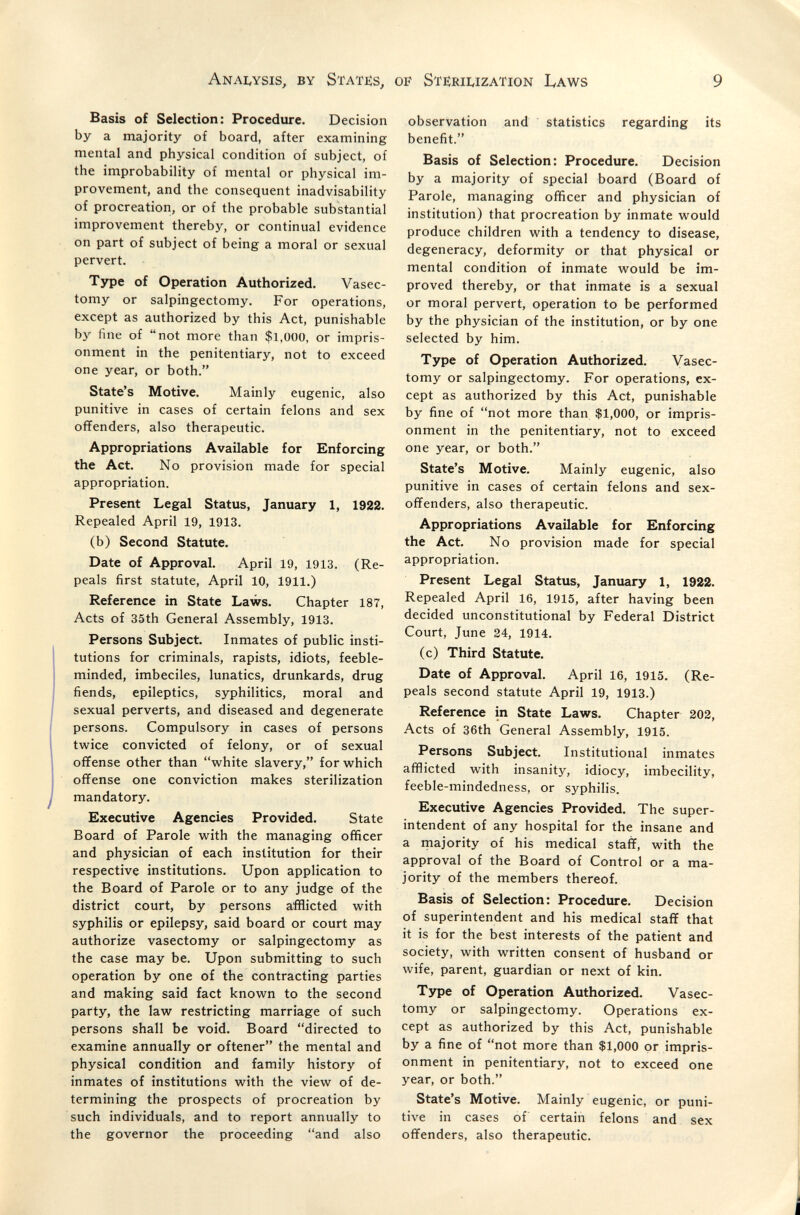 Analysis, by State:s, oif Sterilization Laws 9 Basis of Selection: Procedure. Decision by a majority of board, after examining mental and physical condition of subject, of the improbability of mental or physical im¬ provement, and the consequent inadvisability of procreation, or of the probable substantial improvement thereby, or continual evidence on part of subject of being a moral or sexual pervert. Type of Operation Authorized. Vasec¬ tomy or salpingectomy. For operations, except as authorized by this Act, punishable by fine of not more than $1,000, or impris¬ onment in the penitentiary, not to exceed one year, or both. State's Motive. Mainly eugenic, also punitive in cases of certain felons and sex offenders, also therapeutic. Appropriations Available for Enforcing the Act. No provision made for special appropriation. Present Legal Status, January 1, 1922. Repealed April 19, 1913. (b) Second Statute. Date of Approval. April 19, 1913. (Re¬ peals first statute, April 10, 1911.) Reference in State Laws. Chapter 187, Acts of 35th General Assembly, 1913. Persons Subject. Inmates of public insti¬ tutions for criminals, rapists, idiots, feeble¬ minded, imbeciles, lunatics, drunkards, drug fiends, epileptics, syphilitics, moral and sexual perverts, and diseased and degenerate persons. Compulsory in cases of persons twice convicted of felony, or of sexual offense other than white slavery, for which offense one conviction makes sterilization mandatory. Executive Agencies Provided. State Board of Parole with the managing officer and physician of each institution for their respective institutions. Upon application to the Board of Parole or to any judge of the district court, by persons afflicted with syphilis or epilepsy, said board or court may authorize vasectomy or salpingectomy as the case may be. Upon submitting to such operation by one of the contracting parties and making said fact known to the second party, the law restricting marriage of such persons shall be void. Board directed to examine annually or oftener the mental and physical condition and family history of inmates of institutions with the view of de¬ termining the prospects of procreation by such individuals, and to report annually to the governor the proceeding and also observation and statistics regarding its benefit. Basis of Selection: Procedure. Decision by a majority of special board (Board of Parole, managing officer and physician of institution) that procreation by inmate would produce children with a tendency to disease, degeneracy, deformity or that physical or mental condition of inmate would be im¬ proved thereby, or that inmate is a sexual or moral pervert, operation to be performed by the physician of the institution, or by one selected by him. Type of Operation Authorized. Vasec¬ tomy or salpingectomy. For operations, ex¬ cept as authorized by this Act, punishable by fine of not more than $1,000, or impris¬ onment in the penitentiary, not to exceed one year, or both. State's Motive. Mainly eugenic, also punitive in cases of certain felons and sex- offenders, also therapeutic. Appropriations Available for Enforcing the Act. No provision made for special appropriation. Present Legal Status, January 1, 1922. Repealed April 16, 1915, after having been decided unconstitutional by Federal District Court, June 24, 1914. (c) Third Statute. Date of Approval. April 16, 1915. (Re¬ peals second statute April 19, 1913.) Reference in State Laws. Chapter 202, Acts of 36th General Assembly, 1915. Persons Subject. Institutional inmates afflicted with insanity, idiocy, imbecility, feeble-mindedness, or syphilis. Executive Agencies Provided. The super¬ intendent of any hospital for the insane and a rnajority of his medical staff, with the approval of the Board of Control or a ma¬ jority of the members thereof. Basis of Selection: Procedure. Decision of superintendent and his medical staff that it is for the best interests of the patient and society, with written consent of husband or wife, parent, guardian or next of kin. Type of Operation Authorized. Vasec¬ tomy or salpingectomy. Operations ex¬ cept as authorized by this Act, punishable by a fine of not more than $1,000 or impris¬ onment in penitentiary, not to exceed one year, or both. State's Motive. Mainly eugenic, or puni¬ tive in cases of certain felons and sex offenders, also therapeutic.