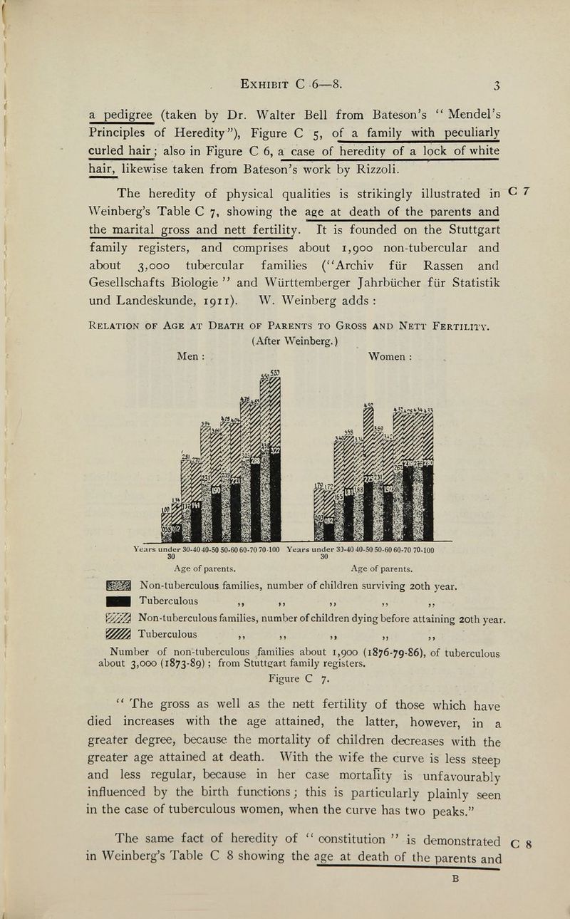 Exhibit С 6—8. 3 a pedigree (taken by Dr. Walter Bell from Bateson's Mendel's Principles of Heredity), Figure С 5, of a family with peculiarly curled hair ; also in Figure С 6, a case of heredity of a lock of white hair, likewise taken from Bateson's work by Rizzoli. The heredity of physical qualities is strikingly illustrated in С 7 Weinberg's Table С 7, showing the age at death of the parents and the marital gross and nett fertility. It is founded on the Stuttgart family registers, and comprises about 1,900 non-tubercular and about 3,000 tubercular families (Archiv für Rassen and Gesellschafts Biologie and Württemberger Jahrbücher für Statistik und Landeskunde, 1911). W. Weinberg adds : Relation of Age at Death of Parents to Gross and Nett Fertility. (After Weinberg.) Men : Women : .553 Years under 30-iO 40-50 50-60 60-70 70 100 Years under 30-40 40-50 50-60 60-70 70-100 30 30 Age of parents. Age of parents. Non-tuberculous families, number of children surviving 20th year. IHI Tuberculous ,, ,, ,, ,, Non-tuberculous families, number of children dying before attaining 20th year. Tuberculous ,, ,, ,, ,, ,, Number of non-tuberculous families about 1,900 (1876-79-86), of tuberculous about 3,000 (1873-89) ; from Stuttgart family registers. Figure С 7. The gross as well as the nett fertility of those which have died increases with the age attained, the latter, however, in a greater degree, because the mortality of children decreases with the greater age attained at death. With the wife the curve is less steep and less regular, because in her case mortality is unfavourably influenced by the birth functions; this is particularly plainly seen in the case of tuberculous women, when the curve has two peaks. The same fact of heredity of constitution is demonstrated с 8 in Weinberg's Table С 8 showing the age at death of the parents and в