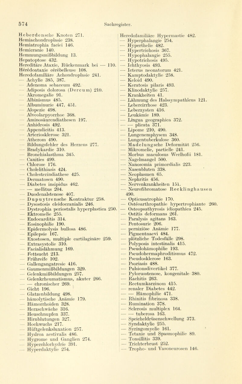 Heb er de nsche Knoten 271. Hemiachondroplasie 238. Hemiatrophia faciei 146. Hemicranie 140. Hemmungsmißbildung 13. Hepatoptose 432. Hereditäre Ataxie, Rückenmark bei — 110. Hérédoataxie cérébelleuse 108. Heredofamiliäre Achondroplasie 241. — Achylie 385, 387. — Adenoma sebaceum 492. - Adiposis dolorosa (Dercum) 210. Akromegalie 91. Albinismus 485. — Albuminurie 447, 451. Alopezie 498. — Alveolarpyorrhoe 368. - Aminosäurendiathesen 197. — Anhidrosis 492. — Appendicitis 413. - Arteriosklerose 321. — Atherom 490. Bildungsfehler des Herzens 277. — Bradykardie 310. - Bronchialasthma 345. — Canities 499. — Chlorose 176. - Cholelithiasis 424. — Cholesterindiathese 425. Dermatosen 490. — Diabetes insipidus 462. mellitus 204. — Duodenalstenose 407. D up u y tre nsche Kontraktur 258. — Dysostosis cleidocranialis 246. - Dystrophia periostalis hyperplastica 250. — Ektromelie 255. — Endocarditis 314. — Eosinophilie 190. — Epidermolysis bullosa 486. — Epilepsie 167. Exostosen, multiple cartilaginäre 259. Extrasystolie 310. — Eacialislähmung 169. — Fettsucht 213. Frühreife 102. — Gallengangatresie 416. — Gaumenmißbildungen 329. Gelenkmißbildungen 257. - Gelenkrheumatismus, akuter 266. chronischer 269. — Gicht 196. - Glatzenbildung 498. - hämolytische Anämie 179. — Hämorrhoiden 328. — Herzschwäche 316. — Heuschnupfen 337. — Hirnblutungen 327. — Hochwuchs 217. - Hüftgelenksluxation 257. Hydroa aestivalis 486. - Hygrome und Ganglien 274. - Hyperchlorhydrie 391. — Hyperdaktylie 254. Heredofamiliäre Hypermastie 482. — Hyperphalangie 254. ■— Hyperthelie 482. — Hypertrichosis 367. — Hypophalangie 255. — Hypotrichosis 495. — Ichthyosis 493. ■—• Icterus neonatorum 421. — Kamptodaktylie 258. —- Keloid 490. — Keratosis pilaris 493. — Klinodaktylie 257. — Krankheiten 41. — Lähmung des Halssympathicus 121. — Lebercirrhose 423. — Leberzysten 416. — Leukämie 189. •— Lingua geographica 372. • plicata 371. — Lipome 210, 490. — Lungenemphysem 348- — Lungentuberkulose 360. — Madelungsche Deformität 256. — Mikromelie, partielle 241. — Morbus maculosus Werlhofii 181. — Nagelmangel 500. -—■ Nanosomia primordialis 223. — Nasenbluten 338. — Neoplasmen 65. — Nephritis 456. — Nervenkrankheiten 151. — Neurofibromatose Recklinghausen 490. — Opticusatrophie 170. — Ostéoarthropathie hypertrophiante 260. — Osteopsathyrosis idiopathica 245. — Ostitis deformans 261. •— Paralysis agitans 163. — Pentosurie 206. •— perniziöse Anämie 177. — Pigmentnaevi 484. — plötzliche Todesfälle 298. — Polyposis intestinalis 415. — Pseudohämophilie 193. — Pseudohermaphroditismus 472. -— Pseudosklerose 163. — Psoriasis 488. — Pulsionsdivertikel 377. — Pylorusstenose, kongenitale 380. — Rachitis 263. — Rectumkarzinom 415. — renaler Diabetes 442. Hämophilie 471. ■— Rhinitis fibrinosa 338. •— Rumination 378. — Sclerosis multiplex 164. tuberosa 163. — Speicheldrüsenschwellung 373. — Syndaktylie 255. — Syringomyelie 161. -— Tetanie und Spasmophilie 89. — Tonsillitis 339. — Trichterbrust 252. — Tropho- und Vasoneurosen 146.