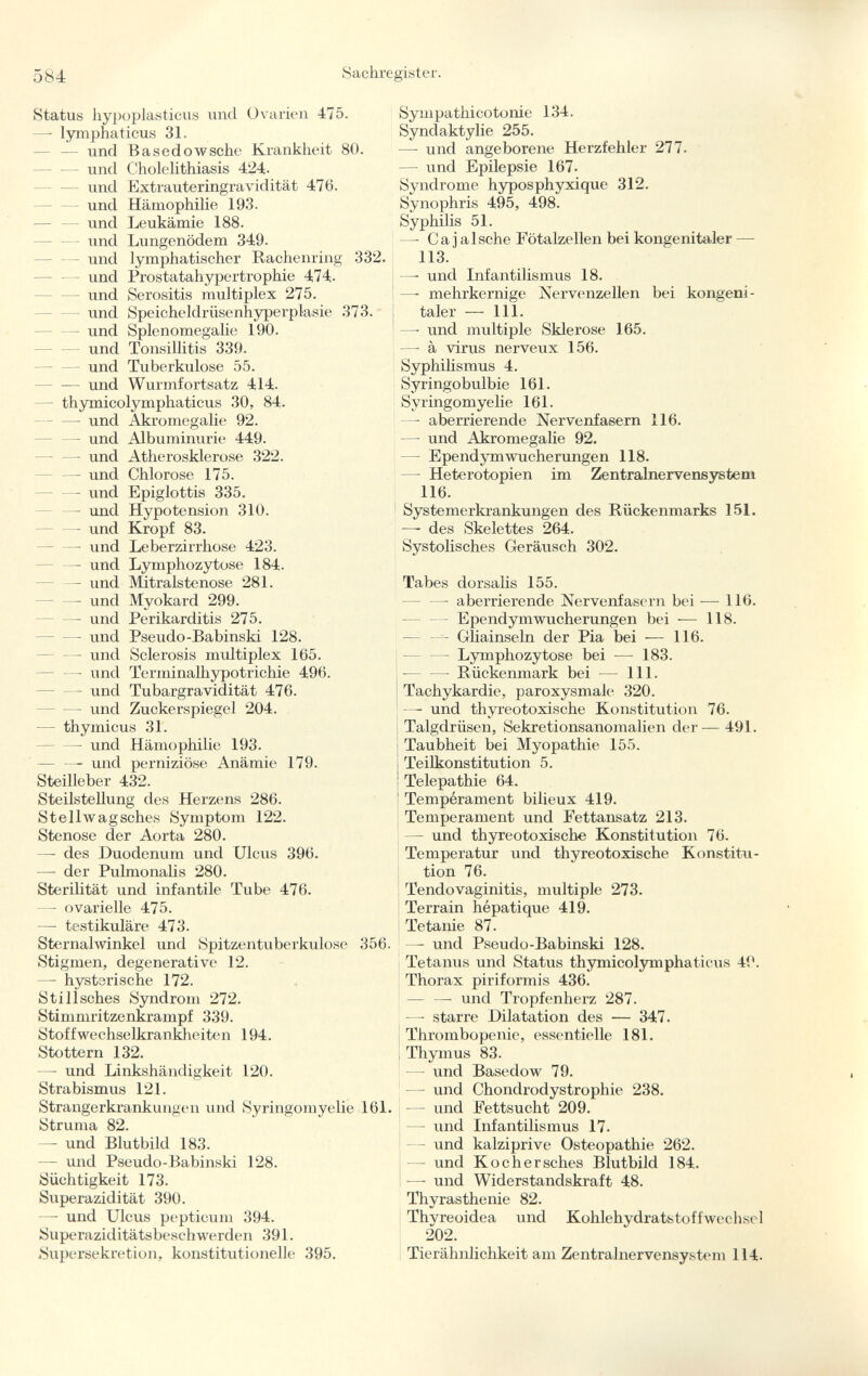 Status hypoplastics und Ovarien 475. —- lymphaticus 31. — und Basedowsche Krankheit 80. — und Cholelithiasis 424- und Extrauteringravidität 476. und Hämophilie 193. und Leukämie 188. und Lungenödem 349. und lymphatischer Rachenring 332. und Prostatahypertrophie 474. und Serositis multiplex 275. und Speicheldrüsenhyperplasie 373. und Splenomegalie 190. — — und Tonsillitis 339. und Tuberkulose 55. und Wurmfortsatz 414. — thymicolymphaticus 30, 84- — und Akromegalie 92. — und Albuminurie 449. — — und Atherosklerose 322. — und Chlorose 175. — und Epiglottis 335. — und Hypotension 310. — und Kropf 83. - — und Leberzirrhose 423. — und Lymphozytose 184. — und Mitralstenose 281. — und Myokard 299. — und Perikarditis 275. — — und Pseudo-Babinski 128. - und Sclerosis multiplex 165. — und Terminalhypotrichie 496. — und Tubargravidität 476. — und Zuckerspiegel 204. — thymicus 31. — und Hämophilie 193. — — und perniziöse Anämie 179. Steilleber 432. Steilstellung des Herzens 286. Stellwagsches Symptom 122. Stenose der Aorta 280. — des Duodenum und Ulcus 396. — der Pulmonalis 280. Sterilität und infantile Tube 476. — ovarielle 475. —■ testikuläre 473. Sternahvinkel und Spitzentuberkulose 356. Stigmen, degenerative 12. — hysterische 172. Stilisches Syndrom 272. Stimmritzenkrampf 339. Stoffwechselkrankheiten 194. Stottern 132. — und Linkshändigkeit 120. Strabismus 121. Strangerkrankungen und Syringomyelie 161. Struma 82. —- und Blutbild 183. — und Pseudo-Babinski 128. Süchtigkeit 173. Superazidität 390. —• und Ulcus pepticum 394. Superaziditätsbesch werden 391. Supersekretion, konstitutionelle 395. Sympathicotonic 134. Syndaktylie 255. — und angeborene Herzfehler 277. — und Epilepsie 167. Syndrome hyposphyxique 312. Synophris 495, 498. Syphilis 51. —- C a j a 1 sehe Fötalzellen bei kongenitaler — 113. —- und Infantilismus 18. —■ mehrkernige Nervenzellen bei kongeni taler -—■ 111. —- und multiple Sklerose 165. —• à virus nerveux 156. Syphilismus 4. Syringobulbie 161. Syringomyelie 161. —- aberrierende Nervenfasern 116. — und Akromegalie 92. - EpendymWucherungen 118. — Heterotopien im Zentralnervensystem 116. Systemerkrankungen des Rückenmarks 151. —- des Skelettes 264. Systolisches Geräusch 302. Tabes dorsalis 155. —■ aberrierende Nervenfasern bei ■— 116. — Ependymwucherungen bei -— 118. - Gliainseln der Pia bei — 116. Lymphozytose bei — 183. ! Rückenmark bei — 111. ! Tachykardie, paroxysmale 320. —- und thyreotoxische Konstitution 76. Talgdrüsen, Sekretionsanomalien der — 491. Taubheit bei Myopathie 155. Teilkonstitution 5. Telepathie 64. Tempérament bilieux 419. Temperament und Fettansatz 213. — und thyreotoxische Konstitution 76. Temperatur und thyreotoxische Konstitu tion 76. Tendovaginitis, multiple 273. Terrain hépatique 419. Te tame 87. — und Pseudo-Babinski 128. Tetanus und Status thymicolymphaticus 49. Thorax piriformis 436. — — und Tropfenherz 287. — starre Lilatation des — 347. Thrombopenie, essentielle 181. Thymus 83. — und Basedow 79. — und Chondrodystrophie 238. — und Fettsucht 209. — und Infantilismus 17. - und kalziprive Osteopathie 262. - und Kochersches Blutbild 184. — und Widerstandskraft 48. Thyrasthenie 82. Thyreoidea und Kohlehydratstoffwechsel 202. Tierähnlichkeit am Zentralnervensystem 114-