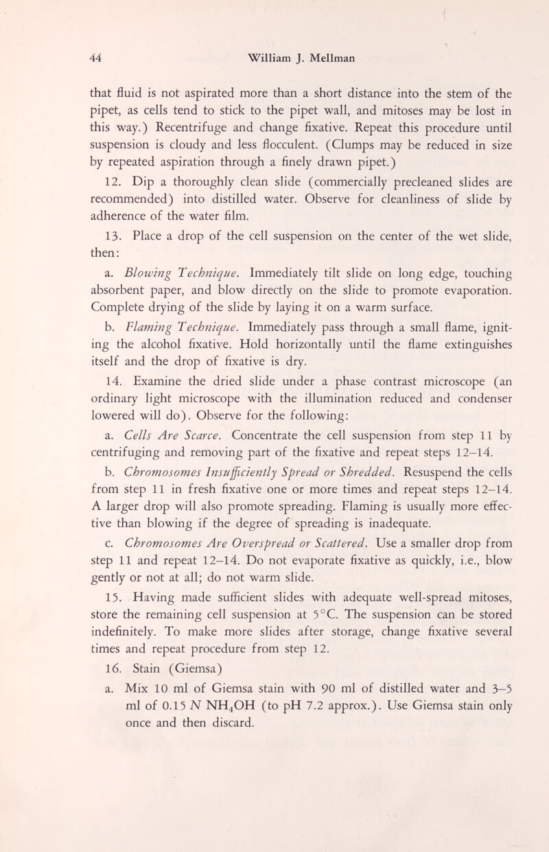 44 William J. Mellman that fluid is not aspirated more than a short distance into the stem of the pipet, as cells tend to stick to the pipet wall, and mitoses may be lost in this way.) Recentrifuge and change fixative. Repeat this procedure until suspension is cloudy and less flocculent. (Clumps may be reduced in size by repeated aspiration through a finely drawn pipet.) 12. Dip a thoroughly clean slide (commercially precleaned slides are recommended) into distilled water. Observe for cleanliness of slide by adherence of the water film. 13. Place a drop of the cell suspension on the center of the wet slide, then : a. Blowing Technique. Immediately tilt slide on long edge, touching absorbent paper, and blow directly on the slide to promote evaporation. Complete drying of the slide by laying it on a warm surface. b. Flaming Technique. Immediately pass through a small flame, ignit¬ ing the alcohol fixative. Hold horizontally until the flame extinguishes itself and the drop of fixative is dry. 14. Examine the dried slide under a phase contrast microscope (an ordinary light microscope with the illumination reduced and condenser lowered will do). Observe for the following: a. Cells Are Scarce. Concentrate the cell suspension from step 11 by centrifuging and removing part of the fixative and repeat steps 12-14. b. Chromosomes Insufficiently Spread or Shredded. Resuspend the cells from step 11 in fresh fixative one or more times and repeat steps 12-14. A larger drop will also promote spreading. Flaming is usually more effec¬ tive than blowing if the degree of spreading is inadequate. c. Chromosomes Are Overspread or Scattered. Use a smaller drop from step 11 and repeat 12-14. Do not evaporate fixative as quickly, i.e., blow gently or not at all; do not warm slide. 15. Having made sufficient slides with adequate well-spread mitoses, store the remaining cell suspension at 5°C. The suspension can be stored indefinitely. To make more slides after storage, change fixative several times and repeat procedure from step 12. 16. Stain (Giemsa) a. Mix 10 ml of Giemsa stain with 90 ml of distilled water and 3-5 ml of 0.15 N NH4OH (to pH 7.2 approx.). Use Giemsa stain only once and then discard.