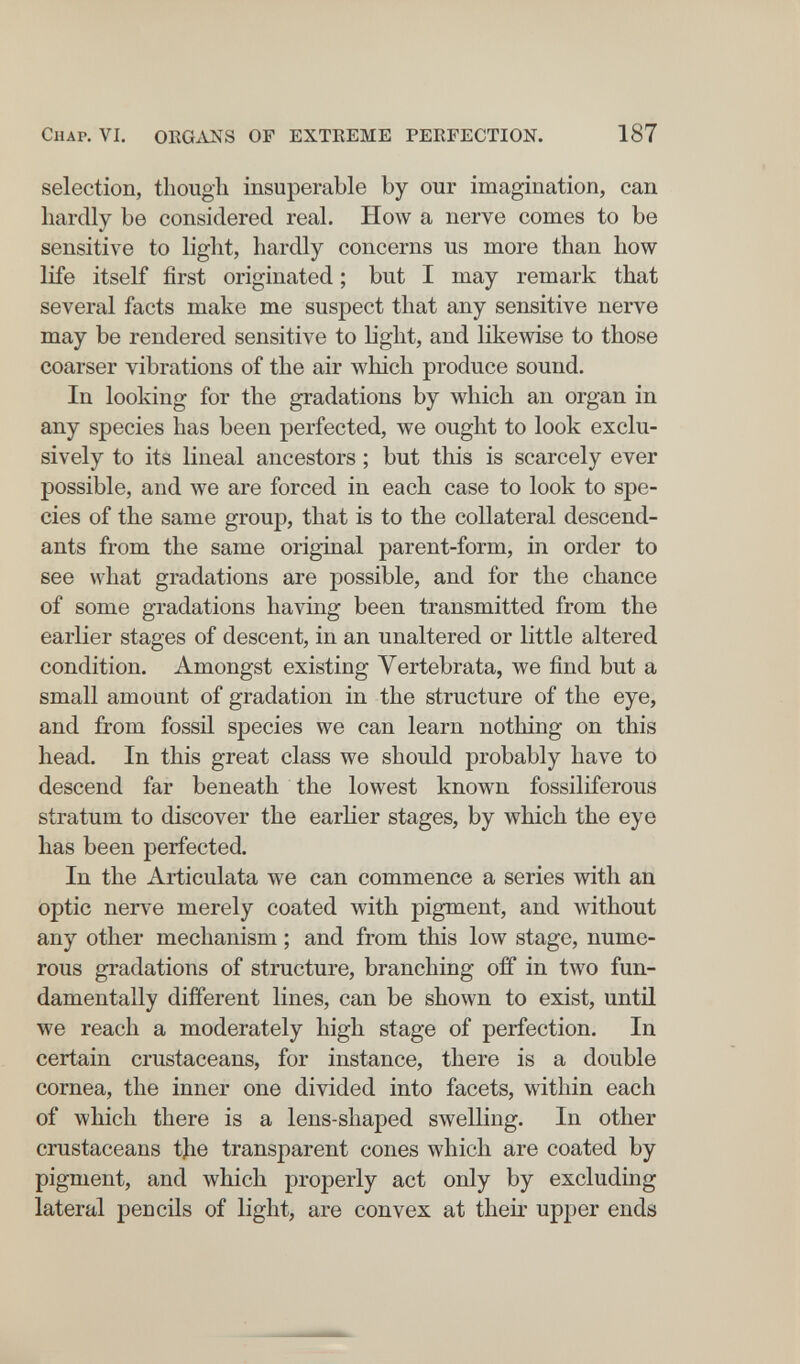 Chap. VI, OKGANS OF EXTREME PERFECTION. 187 selection, though insuperable by our imagination, can hardly be considered real. How a nerve comes to be sensitive to light, hardly concerns us more than how life itself first originated ; but I may remark that several facts make me suspect that any sensitive nerve may be rendered sensitive to light, and likewise to those coarser vibrations of the air which produce sound. In looking for the gradations by which an organ in any species has been perfected, we ought to look exclu¬ sively to its lineal ancestors ; but this is scarcely ever possible, and we are forced in each case to look to spe¬ cies of the same group, that is to the collateral descend¬ ants from the same original parent-form, in order to see what gradations are possible, and for the chance of some gradations having been transmitted from the earlier stages of descent, in an unaltered or little altered condition. Amongst existing Vertebrata, we find but a small amount of gradation in the structure of the eye, and from fossil species we can learn nothing on this head. In this great class we should probably have to descend far beneath the lowest known fossiliferous stratum to discover the earlier stages, by which the eye has been perfected. In the Articulata we can commence a series with an optic nerve merely coated with pigment, and without any other mechanism ; and from this low stage, nume¬ rous gradations of structure, branching off in two fun¬ damentally different lines, can be shown to exist, until we reach a moderately high stage of perfection. In certain crustaceans, for instance, there is a double cornea, the inner one divided into facets, within each of which there is a lens-shaped swelling. In other crustaceans the transparent cones which are coated by pigment, and which properly act only by excluding lateral pencils of light, are convex at their upper ends