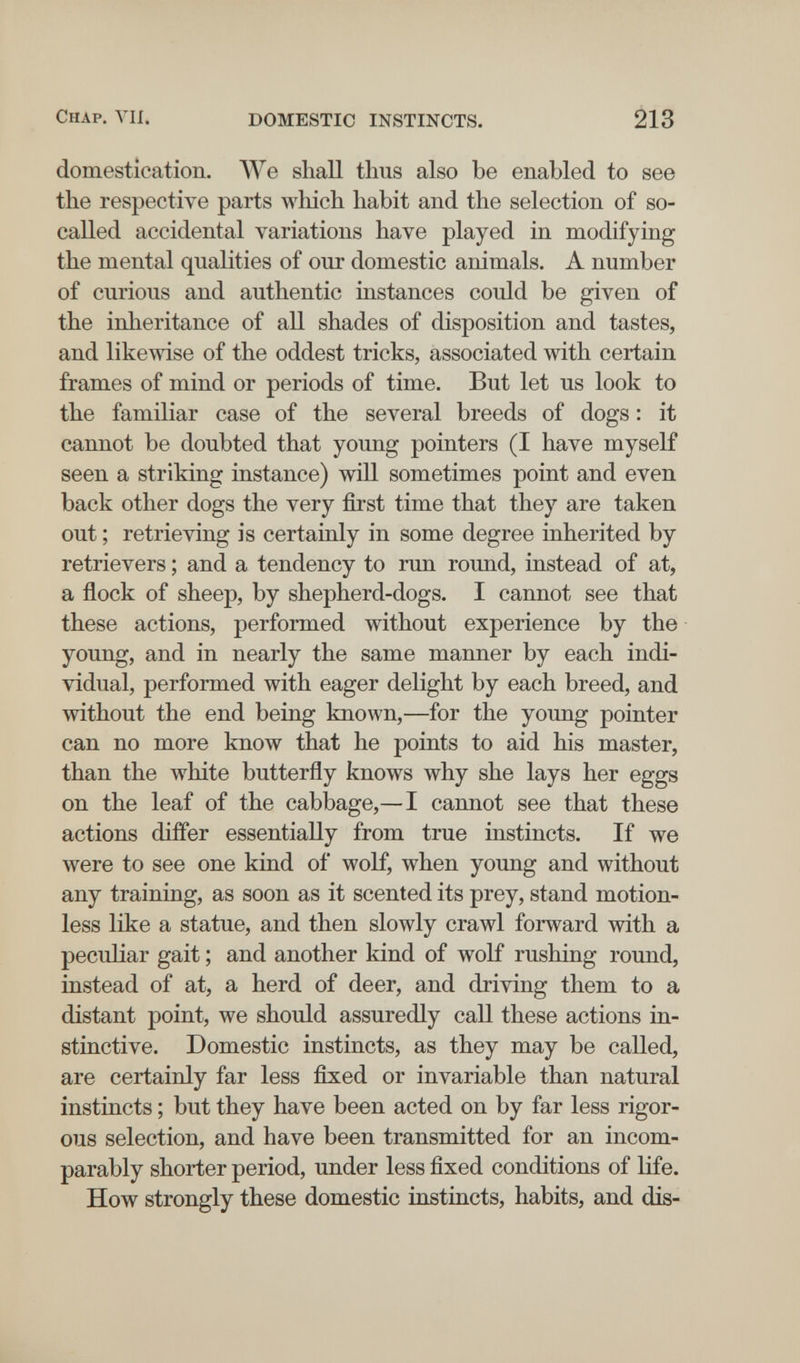 Chap. VII. DOMESTIC INSTINCTS. 213 domestication. We shall thus also be enabled to see the respective parts M^hich habit and the selection of so- called accidental variations have played in modifying the mental qualities of our domestic animals. A number of curious and authentic instances could be given of the inheritance of all shades of disposition and tastes, and likewise of the oddest tricks, associated with certain frames of mind or periods of time. But let us look to the familiar case of the several breeds of dogs : it cannot be doubted that young pointers (I have myself seen a striking instance) will sometimes point and even back other dogs the very first time that they are taken out ; retrieving is certainly in some degree inherited by retrievers ; and a tendency to run round, instead of at, a flock of sheep, by shepherd-dogs. I cannot see that these actions, performed without experience by the young, and in nearly the same manner by each indi¬ vidual, performed with eager delight by each breed, and without the end being known,—for the young pointer can no more know that he points to aid his master, than the white butterfly knows why she lays her eggs on the leaf of the cabbage,—I cannot see that these actions differ essentially from true instincts. If we were to see one kind of wolf, when young and without any training, as soon as it scented its prey, stand motion¬ less like a statue, and then slowly crawl forward with a peculiar gait ; and another kind of wolf rushing round, instead of at, a herd of deer, and driving them to a distant point, we should assuredly call these actions in¬ stinctive. Domestic instincts, as they may be called, are certainly far less fixed or invariable than natural instincts ; but they have been acted on by far less rigor¬ ous selection, and have been transmitted for an incom¬ parably shorter period, under less fixed conditions of life. How strongly these domestic instincts, habits, and dis-