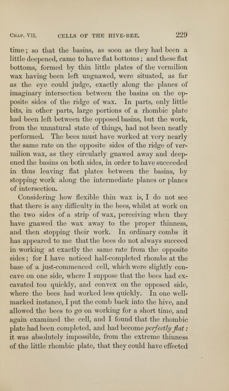 Chap. VII. CELLS OF THE HIVE-BEE. 229 time ; so that the basins, as soon as tliey had been a little deepened, came to have flat bottoms ; and these flat bottoms, formed by thin little plates of the vermilion wax having been left ungnawed, were situated, as far as the eye could judge, exactly along the planes of imaginary intersection between the basins on the op¬ posite sides of the ridge of wax. In parts, only little bits, in other parts, large portions of a rhombic plate had been left between the opposed basins, but the work, from the unnatural state of things, had not been neatly performed. The bees must have worked at very nearly the same rate on the opposite sides of the ridge of ver¬ milion wax, as they circularly gnawed away and deep¬ ened the basins on both sides, in order to have succeeded in thus leaving flat plates between the basins, by stopping work along the intermediate planes or planes of intersection. Considering how flexible thin wax is, I do not see that there is any difficulty in the bees, whilst at work on the two sides of a strip of wax, perceiving when they have gnawed the wax away to the proper thinness, and then stopping their work. In ordinary combs it has appeared to me that the bees do not always succeed in working at exactly the same rate from the opposite sides ; for I have noticed half-completed rhombs at the base of a just-commenced cell, which were slightly con¬ cave on one side, where I suppose that the bees had ex¬ cavated too quickly, and convex on the opposed side, where the bees had worked less quickly. In one well- marked instance, I put the comb back into the hive, and allowed the bees to go on working for a short time, and again examined the cell, and I found that the rhombic plate had been completed, and had Ъес,от.е perfectly flat : it was absolutely impossible, from the extreme thinness of the little rhombic plate, that they could have effected