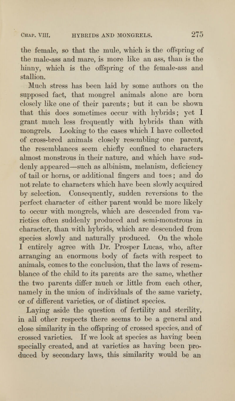 Chap. Vili. HYBRIDS AND MONGRELS. 275 the female, so that the mule, which is the offspring of the male-ass and mare, is more like an ass, than is the hinny, which is the offspring of the female-ass and stallion. Much stress has been laid by some authors on the supposed fact, that mongrel animals alone are born closely like one of their parents ; but it can be shown that this does sometimes occur with hybrids ; yet I grant much less frequently with hybrids than with mongrels. Looking to the cases which I have collected of cross-bred animals closely resembling one parent, the resemblances seem chiefly confined to characters almost monstrous in their nature, and which have sud¬ denly appeared—such as albinism, melanism, deficiency of tail or horns, or additional fingers and toes ; and do not relate to characters which have been slowly acquired by selection. Consequently, sudden reversions to the perfect character of either parent would be more likely to occur with mongrels, which are descended from va¬ rieties often suddenly produced and semi-monstrous in character, than with hybrids, which are descended from species slowly and naturally produced. On the whole I entirely agree with Dr. Prosper Lucas, who, after arranging an enormous body of facts with respect to animals, comes to the conclusion, that the laws of resem¬ blance of the child to its parents are the same, whether the two parents differ much or little from each other, namely in the union of individuals of the same variety, or of different varieties, or of distinct species. Laying aside the question of fertility and sterility, in all other respects there seems to be a general and close similarity in the offspring of crossed species, and of crossed varieties. If we look at species as having been specially created, and at varieties as having been pro¬ duced by secondary laws, this similarity would be an