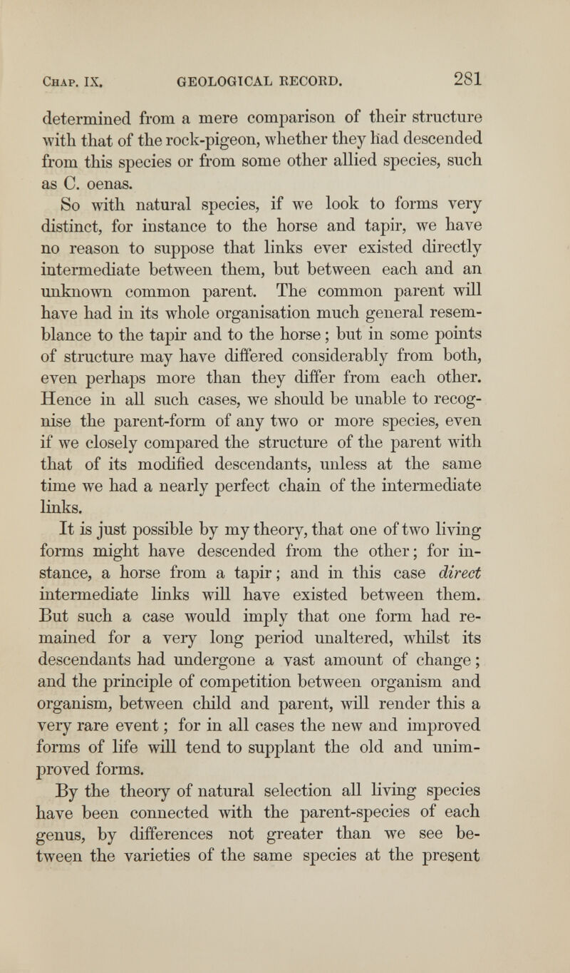 Chap. IX. GEOLOGICAL KECORD. 281 determined from a mere comparison of their structure with that of the rock-pigeon, whether they had descended from this species or from some other allied species, such as C. oenas. So with natural species, if we look to forms very distinct, for instance to the horse and tapir, we have no reason to suppose that links ever existed directly intermediate between them, but between each and an unknown common parent. The common parent will have had in its whole organisation much general resem¬ blance to the tapir and to the horse ; but in some points of structure may have differed considerably from both, even perhaps more than they differ from each other. Hence in all such cases, we should be unable to recog¬ nise the parent-form of any two or more species, even if we closely compared the structure of the parent with that of its modified descendants, unless at the same time we had a nearly perfect chain of the intermediate links. It is just possible by my theory, that one of two living forms might have descended from the other; for in¬ stance, a horse from a tapir ; and in this case direct intermediate links will have existed between them. But such a case would imply that one form had re¬ mained for a very long period unaltered, whilst its descendants had undergone a vast amount of change ; and the principle of competition between organism and organism, between child and parent, wñl render this a very rare event ; for in all cases the new and improved forms of life will tend to supplant the old and unim¬ proved forms. By the theory of natural selection all living species have been connected with the parent-species of each genus, by differences not greater than we see be¬ tween the varieties of the same species at the present