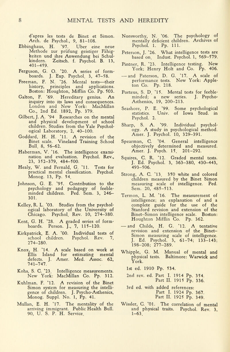 8 MENTAL TESTS AND HEREDITY d'après les tests de Binet et Simon. Arch, de Psychol., 9, 81-108. Ebbinghaus, H. '97. Uber eine neue Methode zur prüfung geistiger Fähig' keiten und ihre Anwendung bei Schul' kindern. Zeitsch. f. Psychol. В. 13, 401-459. Ferguson, G. О. '20. А series of form' boards. J. Exp. Psychol. 3, 47-58. Freeman, F. N. '26. Mental tests—their history, principles and applications. Boston: Houghton, Mifflin Co. Pp. 503. Galton, F. '69. Hereditary genius. An inquiry into its laws and consequences. London and New York: MacMillan Co., 2nd Ed. 1892, Pp. 379. Gilbert, J. A. '94 Researches on the mental and physical development of school children. Studies from the Yale Psychol' ogical Laboratory, 2, 40-100. Goddard, H. H. '11. A revision of the Binet scale. Vineland Training School Bull. 8, 56-62. Haberman, V. '16. The intelligence exami' nation and evaluation. Psychol. Rev., 23, 352-379, 484-500. Healy, W. and Fernald, G. '11. Tests for practical mental classification. Psychol. Monog. 13, Pp. 54. Johnson, G. E. '95. Contribution to the psychology and pedagogy of feeble' minded children. Ped. Sem. 3, 246- 301. Kelley, R. L. '03. Studies from the psychol¬ ogical laboratory of the University of Chicago. Psychol. Rev. 10, 274-380. Kent, G. H. '28. A graded series of form' boards. Person. J., 7, 115—120. Kirkpatrick, E. A. '00. Individual tests of school children. Psychol. Rev. 7, 274-280. Knox, H. '14. A scale based on work at Ellis Island for estimating mental defects. J. Amer. Med. Assoc. 62, 741-747. Kohs, S. C. '23. Intelligence measurements. New York: MacMillan Co. Pp. 312. Kuhlman, F. '12. A revision of the Binet Simon system for measuring the intelli' gence of children. J. Psycho'Asthenics, Monog. Suppl. No. 1, Pp. 41. Mullan, E. H. '17. The mentality of the arriving immigrant. Public Health Bull. 90, U. S. P. H. Service. Norsworthy, N. '06. The psychology of mentally deficient children. Archives of Psychol. 1. Pp. 111. Peterson, J. '26. What intelligence tests are based on. Indust. Psychol. 1, 569-579. Pintner, R. '23. Intelligence testing. New York; Henry Holt and Co. Pp. 406. — and Paterson, D. G. '17. A scale of performance tests. New York: Apple- ton Co. Pp. 218. Porteus, S. D. '15. Mental tests for feeble' minded; a new series. J. Psycho' Asthenics, 19, 200—213. Seashore, P. E. '99. Some psychological statistics. Univ. of Iowa Stud, in Psychol. 2. Sharp, S. A. '99. Individual psychol' ogy. A study in psychological method. Amer. J. Psychol. 10, 329—391. Spearman, C. '04. General intelligence objectively determined and measured. Amer. J. Psych. 15. 201-292. Squires, C. R. '12. Graded mental tests. J. Ed. Psychol. 3, 363-380, 430-443, 493-506. Strong, A. C. '13. 350 white and colored children measured by the Binet Simon measuring scale of intelligence. Ped. Sem. 20, 485-513. Termon, L. M. '16. The measurement of intelligence; an explanation of and a complete guide for the use of the Stanford revision and extension of the Binet-Simon intelligence scale. Boston: Houghton Mifflin Co. Pp. 362. — and Childs, H. G. '12. A tentative revision and extension of the Binet- Simon measuring scale of intelligence. J. Ed. Psychol. 3, 61-74; 133-143; 198-208; 277-289. Whipple, G. M. Manual of mental and physical tests. Baltimore: Warwick and York. 1st ed. 1910 Pp. 534. 2nd rev. ed. Part I. 1914 Pp. 354. Part II. 1915 Pp. 336. 3rd ed. with added references: Part I. 1924 Pp. 367. Part II. 1925 Pp. 349. Wissler, C. '01. The correlation of mental and physical traits. Psychol. Rev 3, 1-63.