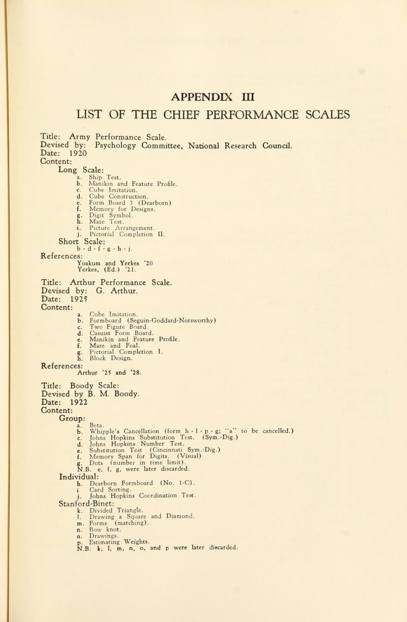 APPENDIX Ш LIST OF THE CHIEF PERFORMANCE SCALES Title: Army Performance Scale. Devised by: Psychology Committee, National Research Council. Date: 1920 Content: Long Scale: a. Ship Test. b. Manikin and Feature Profile. c. Cube Imitation. d. Cube Construction. e. Form Board 3 (Dearborn) f. Memory for Designs. g. Digit SymboL h. Маге Test. i. Picture Arrangement. j. Pictorial Completion II. Short Scale: b ' d - f ' g - h - j. References: Yoakum and Yerkes '20 Yerkes, (Ed.) '21. Title: Arthur Performance Scale. Devised by: G. Arthur. Date: 1925 Content: a. Cube Imitation. b. Formboard (Seguin-Goddard-Norsworthy) c. Two Figure Board. d. Casuist Form Board. e. Manikin and Feature Profile. f. Mare and Foal. g. Pictorial Completion I. h. Block Design. References: Arthur '25 and '28. Title: Boody Scale: Devised by B. M. Boody. Date: 1922 Content: Group: a. Beta. b. Whipple's Cancellation (form h ' 1 - p - g; a to be cancelled.) c. Johns Hopkins Substitution Test. (Sym.'Dig.) d. Johns Hopkins Number Test. e. Substitution Test (Cincinnati^ Sym.-Dig.) Í. Memory Span for Digits. (Visual) g. Dots (number in time limit). N.B. e, f, g, were later discarded. Individual: h. Dearborn Formboard (No. 1-C). i Card Sorting. j. Johns Hopkins Coordination Test. Stanford'Binet: k. Divided Triangle. 1. Drawing a Square and Diamond. m. Forms (matching). n. Bow knot. o. Drawings. p. Estimating Weights. N.B. k, 1, m, n, o, and p were later discarded.