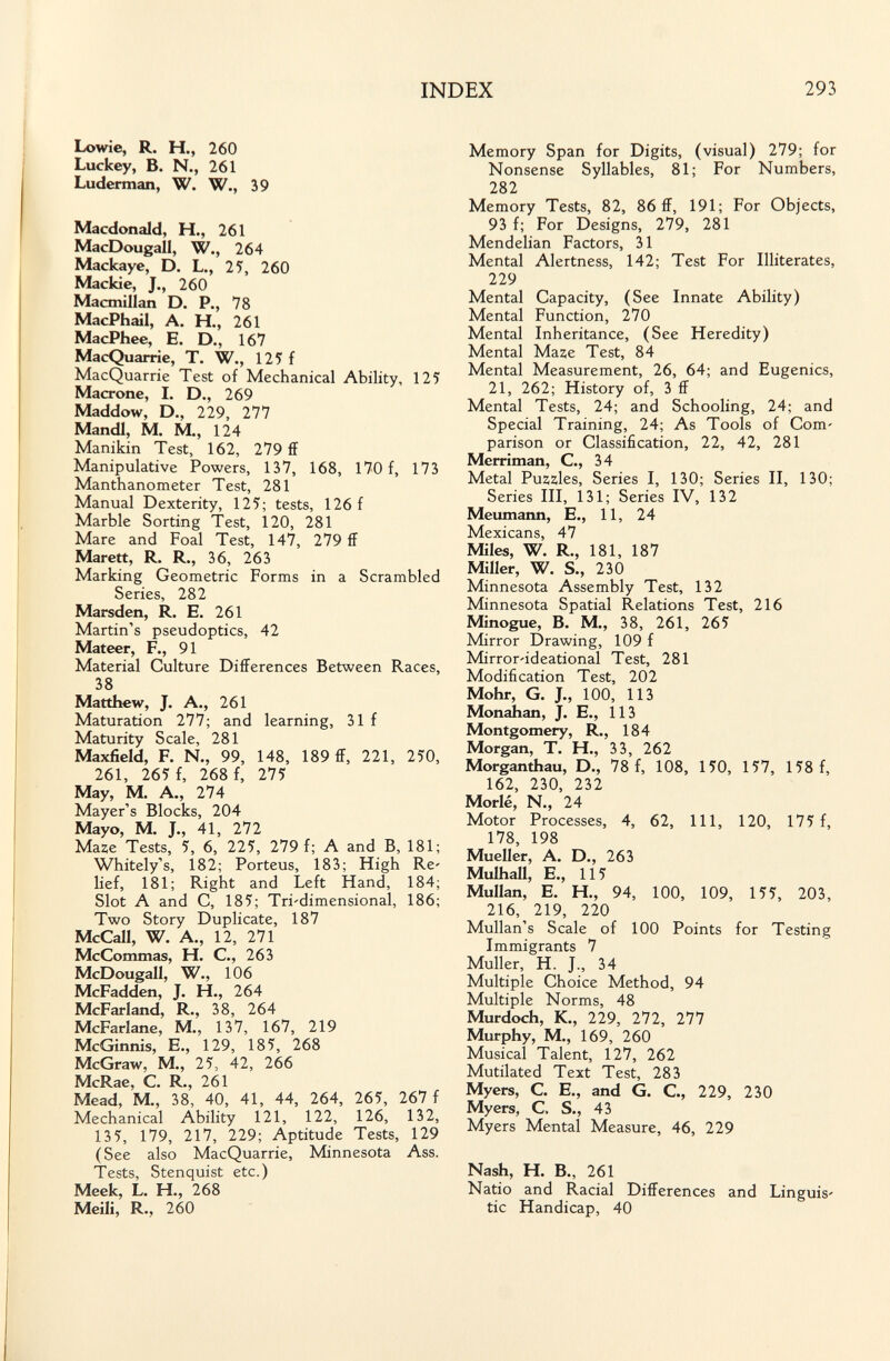 INDEX 293 Lowie, R. H., 260 Luckey, В. N., 261 Luderman, W. W., 39 Macdonald, H., 261 MacDougall, W., 264 Mackaye, D. L., 25, 260 Mackie, J., 260 Macmillan D. P., 78 MacPhail, A. H., 261 MacPhee, E. D., 167 MacQuame, T. W., 12Ç f MacQuarrie Test of Mechanical Ability, 125 Macrone, I. D., 269 Maddow, D., 229, 277 Mandl, M. M., 124 Manikin Test, 162, 279 ff Manipulative Powers, 137, 168, 170 f, 173 Manthanometer Test, 281 Manual Dexterity, 125; tests, 126 f Marble Sorting Test, 120, 281 Mare and Foal Test, 147, 279 ff Marett, R. R., 36, 263 Marking Geometric Forms in a Scrambled Series, 282 Marsden, R. E. 261 Martin's pseudoptics, 42 Mateer, F., 91 Material Culture Differences Between Races, 38 Matthew, J. A., 261 Maturation 277; and learning, 31 f Maturity Scale, 281 Maxfield, F. N., 99, 148, 189 ff, 221, 250, 261, 265 f, 268 f, 275 May, M. A., 274 Mayer's Blocks, 204 Mayo, M. J., 41, 272 Maze Tests, 5, 6, 225, 279 f; A and B, 181; Whitely's, 182; Porteus, 183; High Re¬ lief, 181; Right and Left Hand, 184; Slot A and C, 185; Tri'dimensional, 186; Two Story Duplicate, 187 McCall, W. A., 12, 271 McCommas, H. C., 263 McDougall, W., 106 McFadden, J. H., 264 McFarland, R., 38, 264 McFarlane, M„ 137, 167, 219 McGinnis, E., 129, 185, 268 McGraw, M., 25, 42, 266 McRae, C. R., 261 Mead, M., 38, 40, 41, 44, 264, 265, 267 f Mechanical Ability 121, 122, 126, 132, 135, 179, 217, 229; Aptitude Tests, 129 (See also MacQuarrie, Minnesota Ass. Tests, Stenquist etc.) Meek, L. H., 268 Meili, R., 260 Memory Span for Digits, (visual) 279; for Nonsense Syllables, 81; For Numbers, 282 Memory Tests, 82, 86 ff, 191; For Objects, 93 f; For Designs, 279, 281 Mendelian Factors, 31 Mental Alertness, 142; Test For Illiterates, 229 Mental Capacity, (See Innate Ability) Mental Function, 270 Mental Inheritance, (See Heredity) Mental Maze Test, 84 Mental Measurement, 26, 64; and Eugenics, 21, 262; History of, 3 ff Mental Tests, 24; and Schooling, 24; and Special Training, 24; As Tools of Com- parison or Classification, 22, 42, 281 Merriman, C., 34 Metal Puzzles, Series I, 130; Series II, 130; Series III, 131; Series IV, 132 Meumann, E., 11, 24 Mexicans, 47 Miles, W. R., 181, 187 Miller, W. S., 230 Minnesota Assembly Test, 132 Minnesota Spatial Relations Test, 216 Minogue, В. M., 38, 261, 265 Mirror Drawing, 109 f Mirror'ideational Test, 281 Modification Test, 202 Möhr, G. J., 100, 113 Monahan, J. E., 113 Montgomery, R., 184 Morgan, T. H., 33, 262 Morganthau, D., 78 f, 108, 150, 157, 158 f, 162, 230, 232 Morie, N., 24 Motor Processes, 4, 62, 111, 120, 175 f, 178, 198 Mueller, A. D., 263 Mulhall, E., 115 Mullan, E. H., 94, 100, 109, 155, 203, 216,^ 219, 220 Mullan's Scale of 100 Points for Testing Immigrants 7 Muller, H. J., 34 Multiple Choice Method, 94 Multiple Norms, 48 Murdoch, K., 229, 272, 277 Murphy, M., 169, 260 Musical Talent, 127, 262 Mutilated Text Test, 283 Myers, C. E., and G. C., 229, 230 Myers, C. S., 43 Myers Mental Measure, 46, 229 Nash, H. В., 261 Natio and Racial Differences and Linguis- tic Handicap, 40