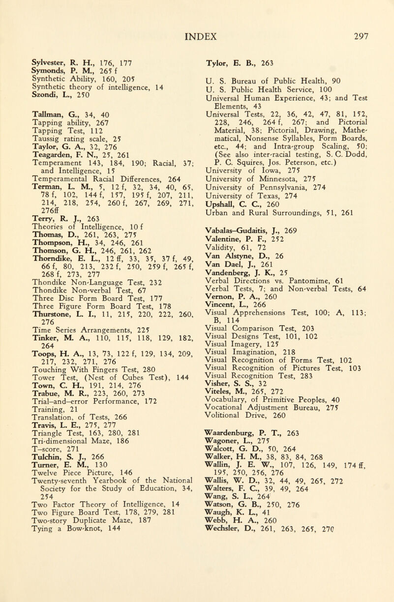 INDEX 297 Sylvester, R. H., 176, 177 Symonds, P. M., 265 f Synthetic Ability, 160, 205 Synthetic theory of intelligence, 14 Szondi, L., 250 Tallman, G., 34, 40 Tapping ability, 267 Tapping Test, 112 Taussig rating scale, 25 Taylor, G. A., 32, 276 Teagarden, F. N., 25, 261 Temperament 143, 184, 190; Racial, 37; and Intelligence, 15 Temperamental Racial Differences, 264 Terman, L. M., 5, 12 f, 32, 34, 40, 65, 78 f, 102, 144 f, 157, 195 f, 207, 211, 214, 218, 254, 260 f, 267, 269, 271, 276ff Terry, R. J., 263 Theories of Intelligence, 10 f Thomas, D., 261, 263, 275 Thompson, H., 34, 246, 261 Thomson, G. H., 246, 261, 262 Thomdike, E. L., 12 ff, 33, 35, 37 f, 49, 66 f, 80, 213, 232 f, 250, 259 f, 265 f, 268 f, 273, 277 Thondike Non'Language Test, 232 Thondike Non-verbal Test, б7 Three Disc Form Board Test, 177 Three Figure Form Board Test, 178 Tburstone, L. I., 11, 215, 220, 222, 260, 276 Time Series Arrangements, 225 Tinker, M. A., 110, 115, 118, 129, 182, 264 Toops, H. A., 13, 73, 122 f, 129, 134, 209, 217, 232, 271, 276 Touching With Fingers Test, 280 Tower Test, (Nest of Cubes Test), 144 Town, C. H., 191, 214, 276 Trabue, M. R., 223, 260, 273 Trial—and—error Performance, 172 Training, 21 Translation, of Tests, 266 Travis, L. iE., 275, 277 Triangle Test, 163, 280, 281 Tri'dimensional Maze, 186 T-score, 271 Tulchin, S. J., 266 Turner, E. M., 130 Twelve Piece Picture, 146 Twentyseventh Yearbook of the National Society for the Study of Education, 34, 254 Two Factor Theory of Intelligence, 14 Two Figure Board Test, 178, 279, 281 Two'Story Duplicate Maze, 187 Tying a Bow'knot, 144 Tyler, Б. В., 263 и. S. Bureau of Public Health, 90 U. S. Public Health Service, 100 Universal Human Experience, 43; and Test Elements, 43 Universal Tests, 22, 36, 42, 47, 81, 152, 228, 246, 264 f, 267; and Pictorial Material, 38; Pictorial, Drawing, Mathe' matical. Nonsense Syllables, Form Boards, etc., 44; and Intra'group Scaling, 50; (See also inter-racial testing, S. C. Dodd, P. C. Squires, Jos. Peterson, etc.) University of Iowa, 275 University of Minnesota, 275 University of Pennsylvania, 274 University of Texas, 274 Upshall, C. C., 260 Urban and Rural Surroundings, 51, 261 Vabalas—Gudaitis, J., 269 Valentine, P. F., 252 Validity, 61, 72 Van Alstyne, D., 26 Van Dael, J., 261 Vandenberg, J. K., 25 Verbal Directions vs. Pantomime, 61 Verbal Tests, 7; and Non-verbal Tests, 64 Vemon, P. A., 260 Vincent, L., 266 Visual Apprehensions Test, 100; A, 113; B, 114 Visual Comparison Test, 203 Visual Designs Test, 101, 102 Visual Imagery, 125 Visual Imagination, 218 Visual Recognition of Forms Test, 102 Visual Recognition of Pictures Test, 103 Visual Recognition Test, 283 Visher, S. S., 32 Víteles, M,, 265, 272 Vocabulary, of Primitive Peoples, 40 Vocational Adjustment Bureau, 275 Volitional Drive, 260 Waardenburg, P. T., 263 Wagoner, L., 275 Walcott, G. D., 50, 264 Walker, H. M., 38, 83, 84, 268 Wallin, J. E. W., 107, 126, 149, 174 ff, 195, 250, 256, 276 Wallis, W. D., 32, 44, 49, 265, 272 Walters, F. C, 39, 49, 264 Wang, S. L., 264 Watson, G. В., 250, 276 Waugh, K. L., 41 Webb, H. A., 260 Wechsler, D., 261, 263, 265, 270