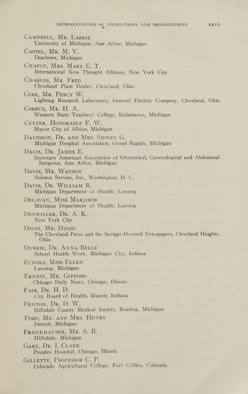 KEPKKSENTATIVES OF INSTITUTIONS AND ORGANIZATIONS xxvn Campbell^ Mr. Larrie University of Michigan, Ann Arbor, Michigan Castel, Mr. M. V. Dearborn, Michigan Chapín, Mrs. Mary £. T. International New Thought Alliance, New York City Charles, Mr. Fred Cleveland Plain Dealer, Cleve'.and, Ohio Cobb, Mr. Percy W. Lighting Research Laboratory, General Electric Company, Cleveland, Ohio Corbus, Mr. H. A. Western State Teachers' College, Kalamazoo, Michigan Culver, Honorable F. W. Mayor City of Albion, Michigan. ].~)avidson. Dr. and Mrs. Sidney G. Michigan Hospital Association, Grand Rapids, Michigan Davis, Dr. James E. Secretary American Association of Obstetrical, Gynecological and Abdominal Surgeons, Ann Arbor, Michigan Davis, Mr. Watson Science Service, Inc., Washington, D. C. Davis, Dr. William R. Michigan Department of Health, Lansing Delavan, Miss Marjorie Michigan Department of Health, Lansing Detwiller, Dr. A. K. New York City dtetz, mr. davjd The Cleveland Press and the Scripps-Howard Newspapers, Cleveland Heights, Ohio Durrie, Dr. Anna Belle School Health Work, Michigan City, Indiana Echols, Miss Ellen Lansing, Michigan Ernest, Mr. Gifford Chicago Daily News, Chicago, Illinois Fair, Dr. H. D. City Board of Health, Muncie, Indiana Fenton, Dr. D. W. Hillsdale County Medical Society, Reading, Michigan Ford, Mr. and Mrs. Henry Detroit, Michigan Frankhauser, Mr. S. B. Hillsdale, Michigan Gary, Dr. I. Clark Peoples Hospital, Chicago, Illinois Gillette, Professor C. P. Colorado Agricultural College, Fort Collins, Colorado