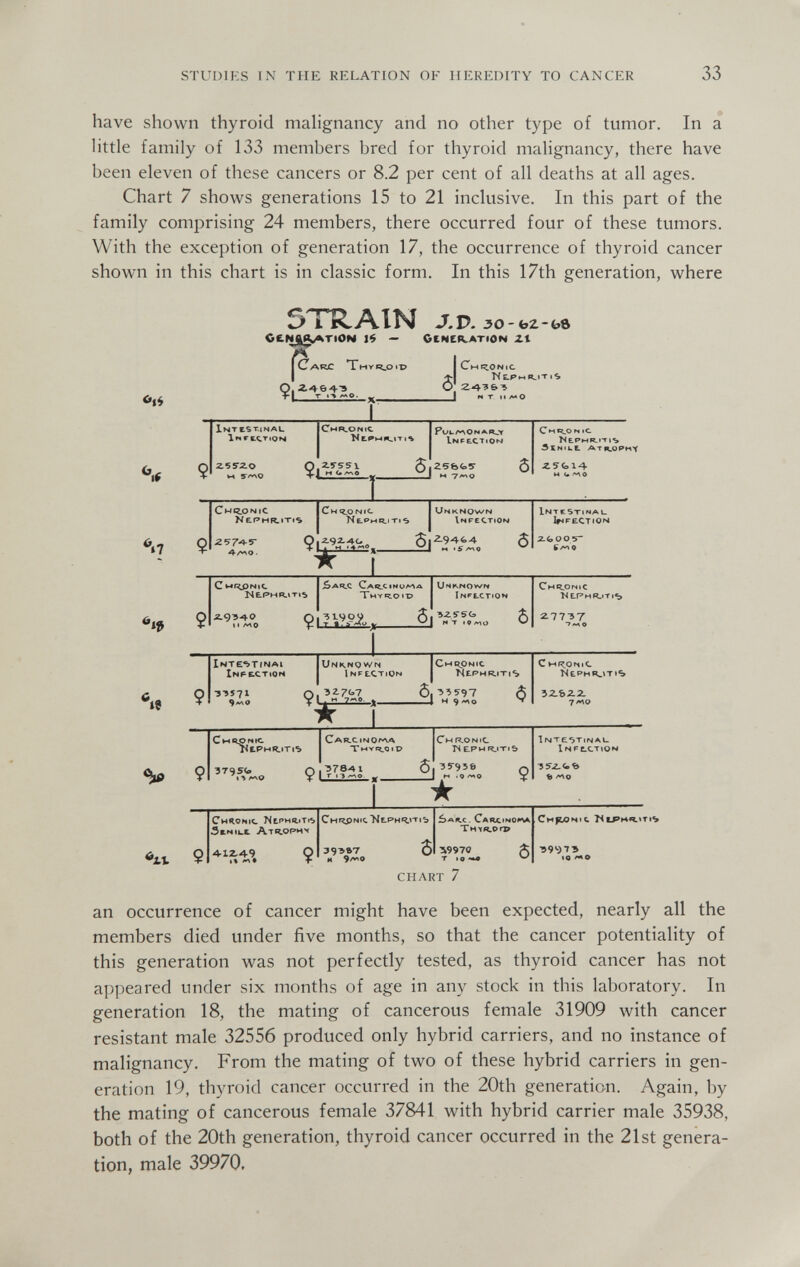 STUDIES IN THE RELATION OF HEREDITY TO CANCER 33 have shown thyroid malignancy and no other type of tumor. In a little family of 133 members bred for thyroid malignancy, there have been eleven of these cancers or 8.2 per cent of all deaths at all ages. Chart 7 shows generations 15 to 21 inclusive. In this part of the family comprising 24 members, there occurred four of these tumors. With the exception of generation 17, the occurrence of thyroid cancer shown in this chart is in classic form. In this 17th generation, where •7 5TRAIN J.V. зо-ьг-bô CeNft^TlON 1$ — CCNCR.ATION Z1 1 Carc Tmv r_0 i'd Q, + 1 ^ X r 6I CMRONIC Î4E.PMR.ÎTIS J H T и A«0 iNTtST.JNAU lHrtÇ.T«ON 2.5 5*2,0 M y/vxO ICMR^onic Infection 2.У551 CwQ.ONiC Ne.pmr.itis Алго. $,25bfe5- ._J M 7-^0 CMR.O N IC NtPMR.tT»S dCNiLE. ATICOPHY í5<o\^ мимо Ch«Î.ONIC NE.pwr.ITIS I Unknown 1 Infection Л,Л94<.4 f M «5 IntcStinau Ir<P£CTiON 2.<,00 5- 6/^ 0 te V it Chronic NtPMR.iTib 5»NÍLX АТ«сорих 4.12,4-9 • » Снярн1сЫс.Рич»т1Ъ 9 393-^7 й 9/^0 £>a^Ç. CAR4INO>^ TMtR.Orp 6 CHART 7 ?^9970 T ig ^ CnfLONit ТЧЬЯИЯ.»Т1^ IQ АЙР an occurrence of cancer might have been expected, nearly all the members died under five months, so that the cancer potentiality of this generation was not perfectly tested, as thyroid cancer has not appeared under six months of age in any stock in this laboratory. In generation 18, the mating of cancerous female 31909 with cancer resistant male 32556 produced only hybrid carriers, and no instance of malignancy. From the mating of two of these hybrid carriers in gen¬ eration 19, thyroid cancer occurred in the 20th generation. Again, by the mating of cancerous female 37841 with hybrid carrier male 35938, both of the 20th generation, thyroid cancer occurred in the 21st genera¬ tion, male 39970.