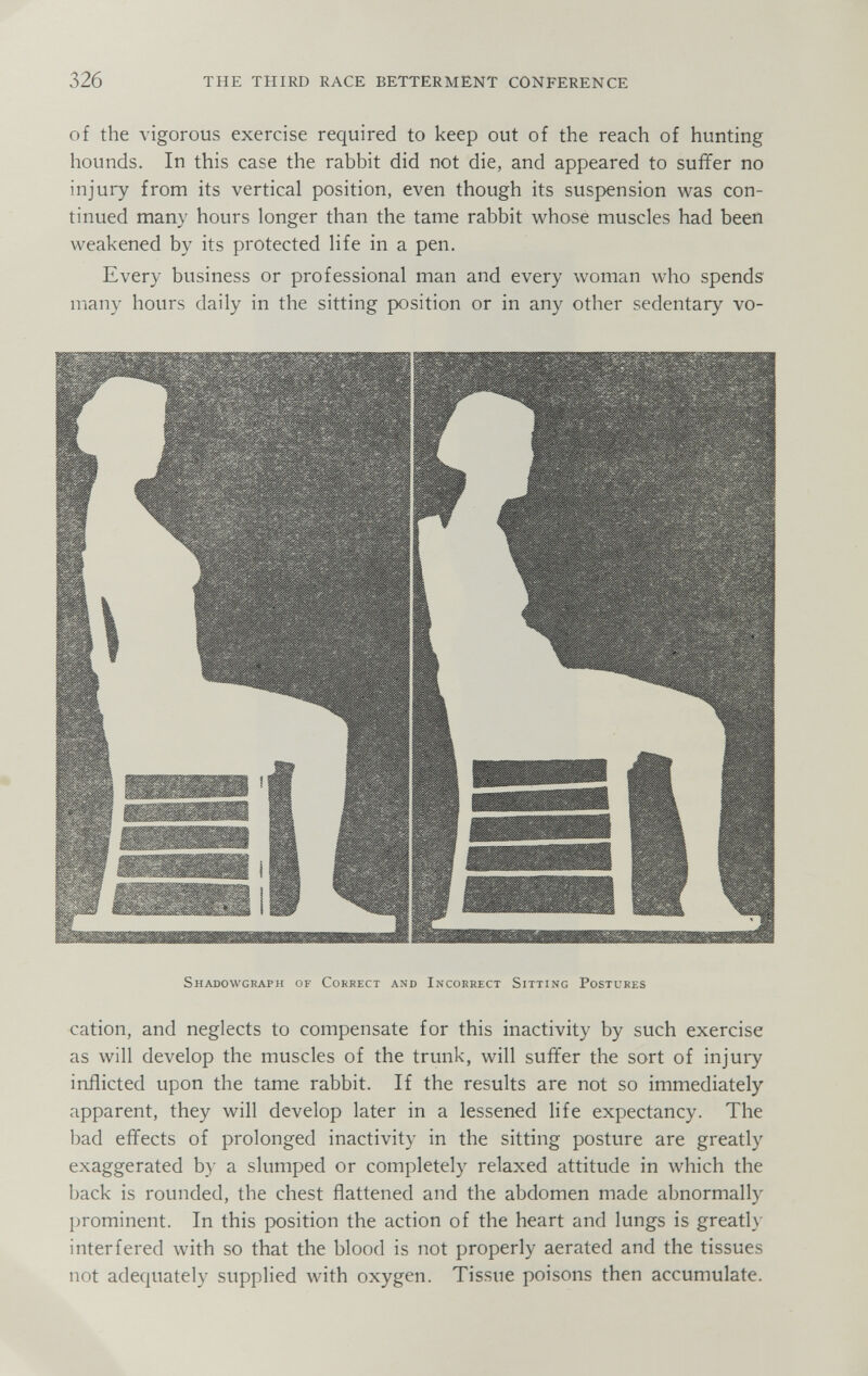 326 THE THIRD RACE BETTERMENT CONFERENCE of the vigorous exercise required to keep out of the reach of hunting hounds. In this case the rabbit did not die, and appeared to suffer no injury from its vertical position, even though its suspension was con¬ tinued many hours longer than the tame rabbit whose muscles had been weakened by its protected life in a pen. Every business or professional man and every woman who spends many hours daily in the sitting position or in any other sedentary vo- Shadowgraph of Correct and Incorrect Sitting Postures cation, and neglects to compensate for this inactivity by such exercise as will develop the muscles of the trunk, will suffer the sort of injuiy inflicted upon the tame rabbit. If the results are not so immediately apparent, they will develop later in a lessened life expectancy. The bad effects of prolonged inactivity in the sitting posture are greatly exaggerated by a slumped or completely relaxed attitude in which the back is rounded, the chest flattened and the abdomen made abnormally prominent. In this position the action of the heart and lungs is greatly interfered with so that the blood is not properly aerated and the tissues not adequately supplied with oxygen. Tissue poisons then accumulate.