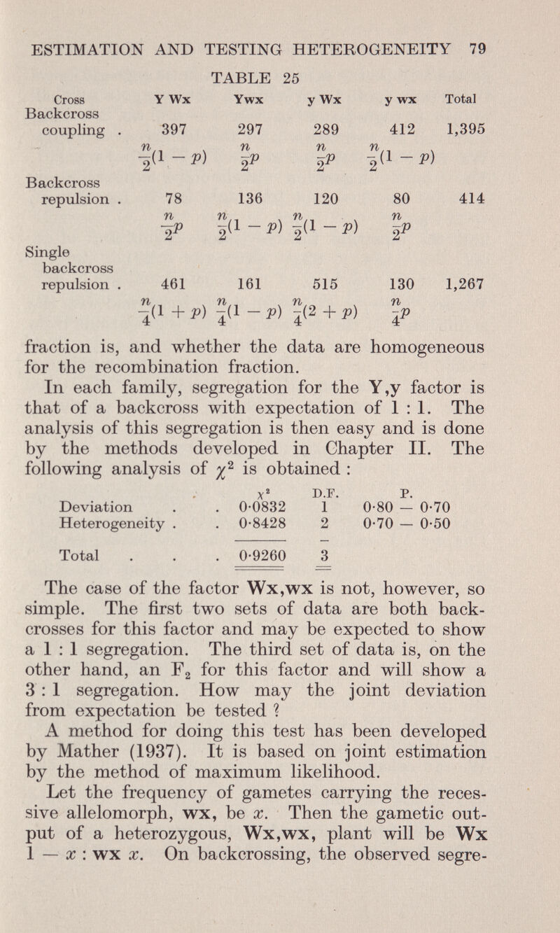 Cross Y Wx Ywx y Wx y wx Total T^o plrprnQCi coupling . 397 297 289 412 1,395 TABLE 25 Y Wx Ywx y Wx y wx 397 297 289 412 !<i - P) n n 2 P fa - p) 78 136 120 80 n 2* ¡(i - P) fa - Pi n 2 P Backcross repulsion . 78 136 120 80 414 Single backcross repulsion . 461 161 515 130 1,267 %1+P) £(1 -P) 1&+P) \P fraction is, and whether the data are homogeneous for the recombination fraction. In each family, segregation for the Y ,y factor is that of a backcross with expectation of 1:1. The analysis of this segregation is then easy and is done by the methods developed in Chapter II. The following analysis of is obtained : X 2 D.F. p. Deviation . . 0-0832 1 0-80 — 0-70 Heterogeneity . . 0-8428 2 0-70 — 0-50 Total . . . 0-9260 The case of the factor Wx,wx is not, however, so simple. The first two sets of data are both back- crosses for this factor and may be expected to show a 1 : 1 segregation. The third set of data is, on the other hand, an F 2 for this factor and will show a 3 : 1 segregation. How may the joint deviation from expectation be tested ? A method for doing this test has been developed by Mather (1937). It is based on joint estimation by the method of maximum likelihood. Let the frequency of gametes carrying the reces sive allelomorph, wx, be x. Then the gametic out put of a heterozygous, Wx,wx, plant will be Wx 1 — x : wx x. On backcrossing, the observed segre-
