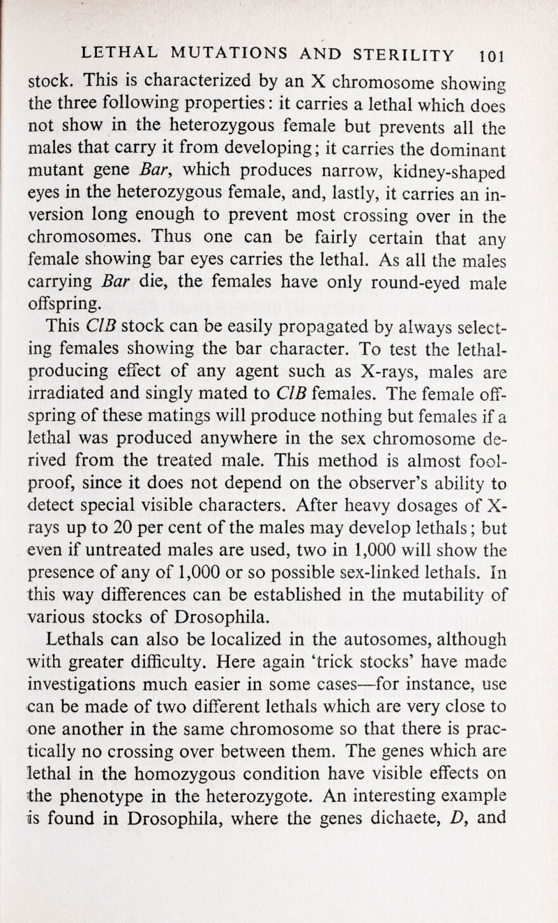 * LETHAL MUTATIONS AND STERILITY 101 stock. This is characterized by an X chromosome showing the three following properties : it carries a lethal which does not show in the heterozygous female but prevents all the males that carry it from developing ; it carries the dominant mutant gene Bar , which produces narrow, kidney-shaped eyes in the heterozygous female, and, lastly, it carries an in version long enough to prevent most crossing over in the chromosomes. Thus one can be fairly certain that any female showing bar eyes carries the lethal. As all the males carrying Bar die, the females have only round-eyed male offspring. This CIB stock can be easily propagated by always select ing females showing the bar character. To test the lethal- producing effect of any agent such as X-rays, males are irradiated and singly mated to CIB females. The female off spring of these matings will produce nothing but females if a lethal was produced anywhere in the sex chromosome de rived from the treated male. This method is almost fool proof, since it does not depend on the observer's ability to detect special visible characters. After heavy dosages of X- rays up to 20 per cent of the males may develop lethals ; but even if untreated males are used, two in 1,000 will show the presence of any of 1,000 or so possible sex-linked lethals. In this way differences can be established in the mutability of various stocks of Drosophila. Lethals can also be localized in the autosomes, although with greater difficulty. Here again 'trick stocks' have made investigations much easier in some cases—for instance, use can be made of two different lethals which are very close to one another in the same chromosome so that there is prac tically no crossing over between them. The genes which are lethal in the homozygous condition have visible effects oil the phenotype in the heterozygote. An interesting example is found in Drosophila, where the genes dichaete, Z>, and