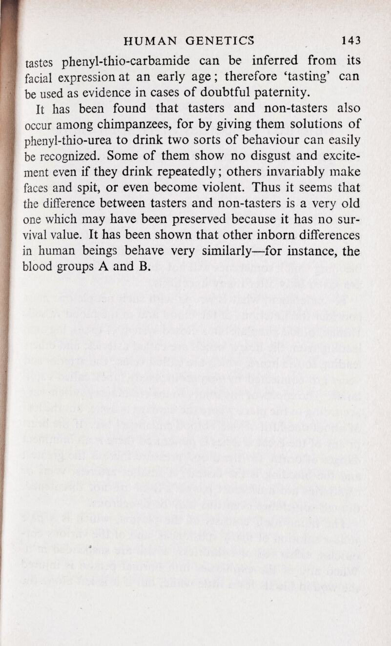 HUMAN GENETICS 143 tastes phenyl-thio-carbamide can be inferred from its facial expression at an early age ; therefore 'tasting' can be used as evidence in cases of doubtful paternity. It has been found that tasters and non-tasters also occur among chimpanzees, for by giving them solutions of phenyl-thio-urea to drink two sorts of behaviour can easily be recognized. Some of them show no disgust and excite ment even if they drink repeatedly ; others invariably make faces and spit, or even become violent. Thus it seems that the difference between tasters and non-tasters is a very old one which may have been preserved because it has no sur vival value. It has been shown that other inborn differences in human beings behave very similarly—for instance, the blood groups A and B.