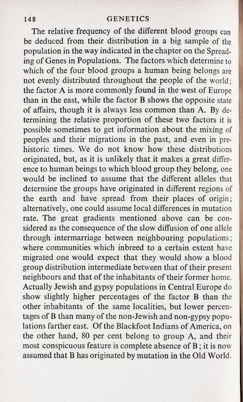 The relative frequency of the different blood groups can be deduced from their distribution in a big sample of the population in the way indicated in the chapter on the Spread ing of Genes in Populations. The factors which determine to which of the four blood groups a human being belongs are not evenly distributed throughout the people of the world ; the factor A is more commonly found in the west of Europe than in the east, while the factor B shows the opposite state of affairs, though it is always less common than A. By de termining the relative proportion of these two factors it is possible sometimes to get information about the mixing of peoples and their migrations in the past, and even in pre historic times. We do not know how these distributions originated, but, as it is unlikely that it makes a great differ ence to human beings to which blood group they belong, one would be inclined to assume that the different alleles that determine the groups have originated in different regions of the earth and have spread from their places of origin; alternatively, one could assume local differences in mutation rate. The great gradients mentioned above can be con sidered as the consequence of the slow diffusion of one allele through intermarriage betv/een neighbouring populations; where communities which inbreed to a certain extent have migrated one would expect that they would show a blood group distribution intermediate between that of their present neighbours and that of the inhabitants of their former home. Actually Jewish and gypsy populations in Central Europe do show slightly higher percentages of the factor B than the other inhabitants of the same localities, but lower percen tages of B than many of the non-Jewish and non-gypsy popu lations farther east. Of the Blackfoot Indians of America, on the other hand, 80 per cent belong to group A, and their most conspicuous feature is complete absence of B ; it is now assumed that B has originated by mutation in the Old World.