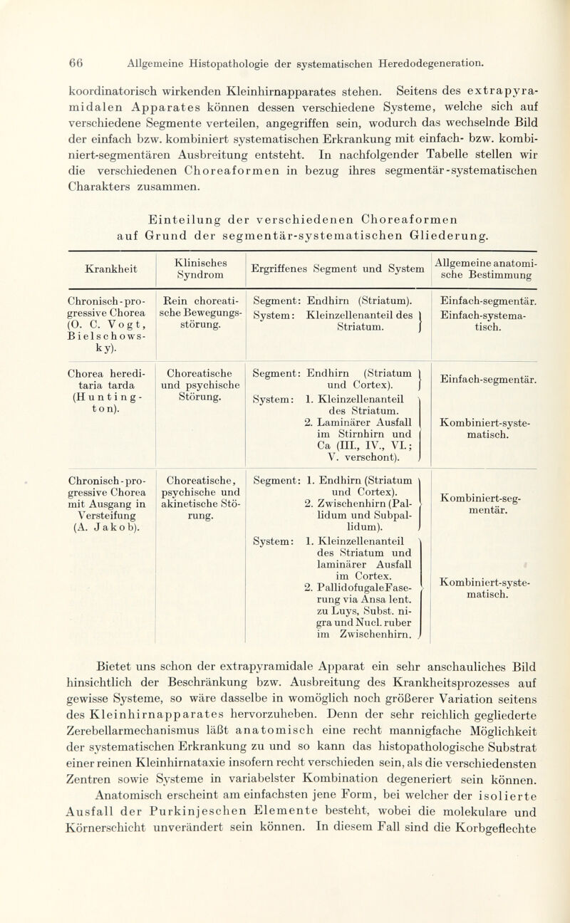 66 Allgemeine Histopathologie der systematischen Heredodegeneration. koordinatorisch wirkenden Kleinhirnapparates stehen. Seitens des extrapyra¬ midalen Apparates können dessen verschiedene Systeme, welche sich auf verschiedene Segmente verteilen, angegriffen sein, wodurch das wechselnde Bild der einfach bzw. kombiniert systematischen Erkrankung mit einfach- bzw. kombi- niert-segmentären Ausbreitung entsteht. In nachfolgender Tabelle stellen wir die verschiedenen Choreaformen in bezug ihres segmentar - systematischen Charakters zusammen. Einteilung der verschiedenen Choreaformen auf Grund der segmentär-systematischen Gliederung. Bietet uns schon der extrapyramidale Apparat ein sehr anschauliches Bild hinsichtlich der Beschränkung bzw. Ausbreitung des Krankheitsprozesses auf gewisse Systeme, so wäre dasselbe in womöglich noch größerer Variation seitens des Kleinhirnapparates hervorzuheben. Denn der sehr reichlich gegliederte Zerebellarmechanismus läßt anatomisch eine recht mannigfache Möglichkeit der systematischen Erkrankung zu und so kann das histopathologische Substrat einer reinen Kleinhirnataxie insofern recht verschieden sein, als die verschiedensten Zentren sowie Systeme in variabelster Kombination degeneriert sein können. Anatomisch erscheint am einfachsten jene Form, bei welcher der isolierte Ausfall der Purkinjeschen Elemente besteht, wobei die molekulare und Körnerschicht unverändert sein können. In diesem Fall sind die Korbgeflechte