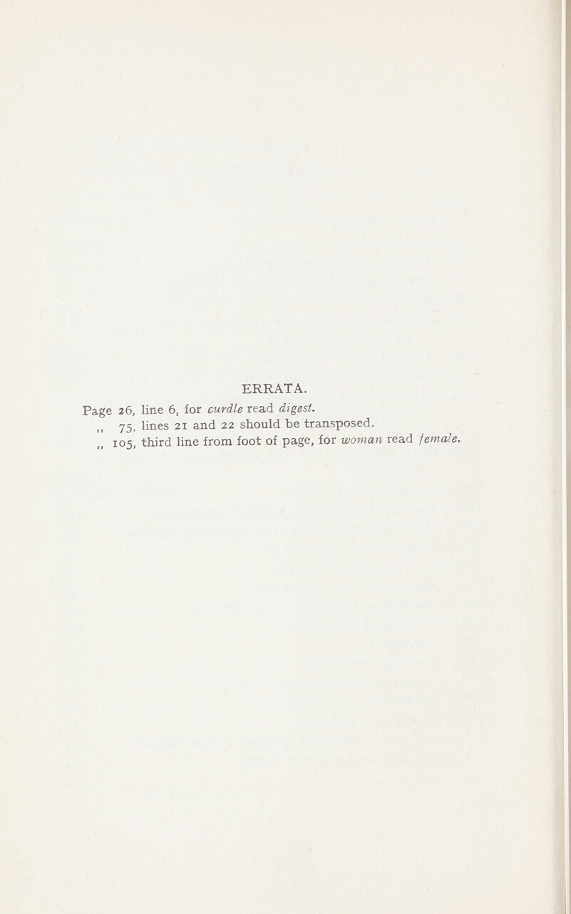 ERRATA. Page 26, line 6, for curdle read digest. ,, 75, lines 21 and 22 should be transposed. „ 105, third line from foot of page, for woman read female.