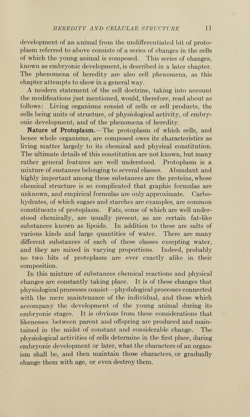 development of an animal from the undifferentiated bit of proto plasm referred to above consists of a series of changes in the cells of which the young animal is composed. This series of changes, known as embryonic development, is described in a later chapter. The phenomena of heredity are also cell phenomena, as this chapter attempts to show in a general way. A modern statement of the cell doctrine, taking into account the modifications just mentioned, would, therefore, read about as follows: Living organisms consist of cells or cell products, the cells being units of structure, of physiological activity, of embry onic development, and of the phenomena of heredity. Nature of Protoplasm. —The protoplasm of which cells, and hence whole organisms, are composed owes its characteristics as living matter largely to its chemical and physical constitution. The ultimate details of this constitution are not known, but many rather general features are well understood. Protoplasm is a mixture of sustances belonging to several classes. Abundant and highly important among these substances are the proteins, whose chemical structure is so complicated that graphic formulas are unknown, and empirical formulas are only approximate. Carbo hydrates, of which sugars and starches are examples, are common constituents of protoplasm. Fats, some of which are well under stood chemically, are usually present, as are certain fat-like substances known as lipoids. In addition to these are salts of various kinds and large quantities of water. There are many different substances of each of these classes excepting water, and they are mixed in varying proportions. Indeed, probably no two bits of protoplasm are ever exactly alike in their composition. In this mixture of substances chemical reactions and physical changes are constantly taking place. It is of these changes that physiological processes consist—physiological processes connected with the mere maintenance of the individual, and those which accompany the development of the young animal during its embryonic stages. It is obvious from these considerations that likenesses between parent and offspring are produced and main tained in the midst of constant and considerable change. The physiological activities of cells determine in the first place, during embryonic development or later, what the characters of an organ ism shall be, and then maintain those characters, or gradually change them with age, or even destroy them.