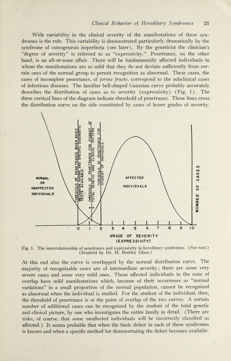 Clinical Behavior of Hereditary Syndromes 21 Wide variability in the clinical severity of the manifestations of these syn¬ dromes is the rule. This variability is demonstrated particularly dramatically by the syndrome of osteogenesis imperfecta (see later). By the geneticist the clinician's degree of severity is referred to as expressivity. Penetrance, on the other hand, is an all-or-none affair. There will be fundamentally affected individuals in whom the manifestations are so mild that they do not deviate sufficiently from cer¬ tain ones of the normal group to permit recognition as abnormal. These cases, the cases of incomplete penetrance, of jarme fruste, correspond to the subclinical cases of infectious diseases. The familiar bell-shaped Gaussian curve probably accurately describes the distribution of cases as to severity (expressivity) (Fig. 1). The three vertical lines of the diagram indicate threshold of penetrance. These lines cross the distribution curve on the side constituted by cases of lesser grades of severity. Fig. 1. The interrelationship of penetrance and expressivity in hereditary syndromes. (See text.) (Inspired by Dr. H. Bentley Glass.) At this end also the curve is overlapped by the normal distribution curve. The majority of recognizable cases are of intermediate severity; there are some very severe cases and some very mild ones. Those affected individuals in the zone of overlap have mild manifestations which, because of their occurrence as normal variations in a small proportion of the normal population, cannot be recognized as abnormal when the individual is studied. For the student of the individual, then, the threshold of penetrance is at the point of overlap of the two curves. A certain number of additional cases can be recognized by the student of the total genetic and clinical picture, by one who investigates the entire family in detail. (There are risks, of course, that some unaffected individuals will be incorrectly classified as affected.) It seems probable that when the basic defect in each of these syndromes is known and when a specific method for demonstrating the defect becomes available. 0 2 34 5 6789 10 GRADE OF SEVERITY (EXPRESSIVITY)