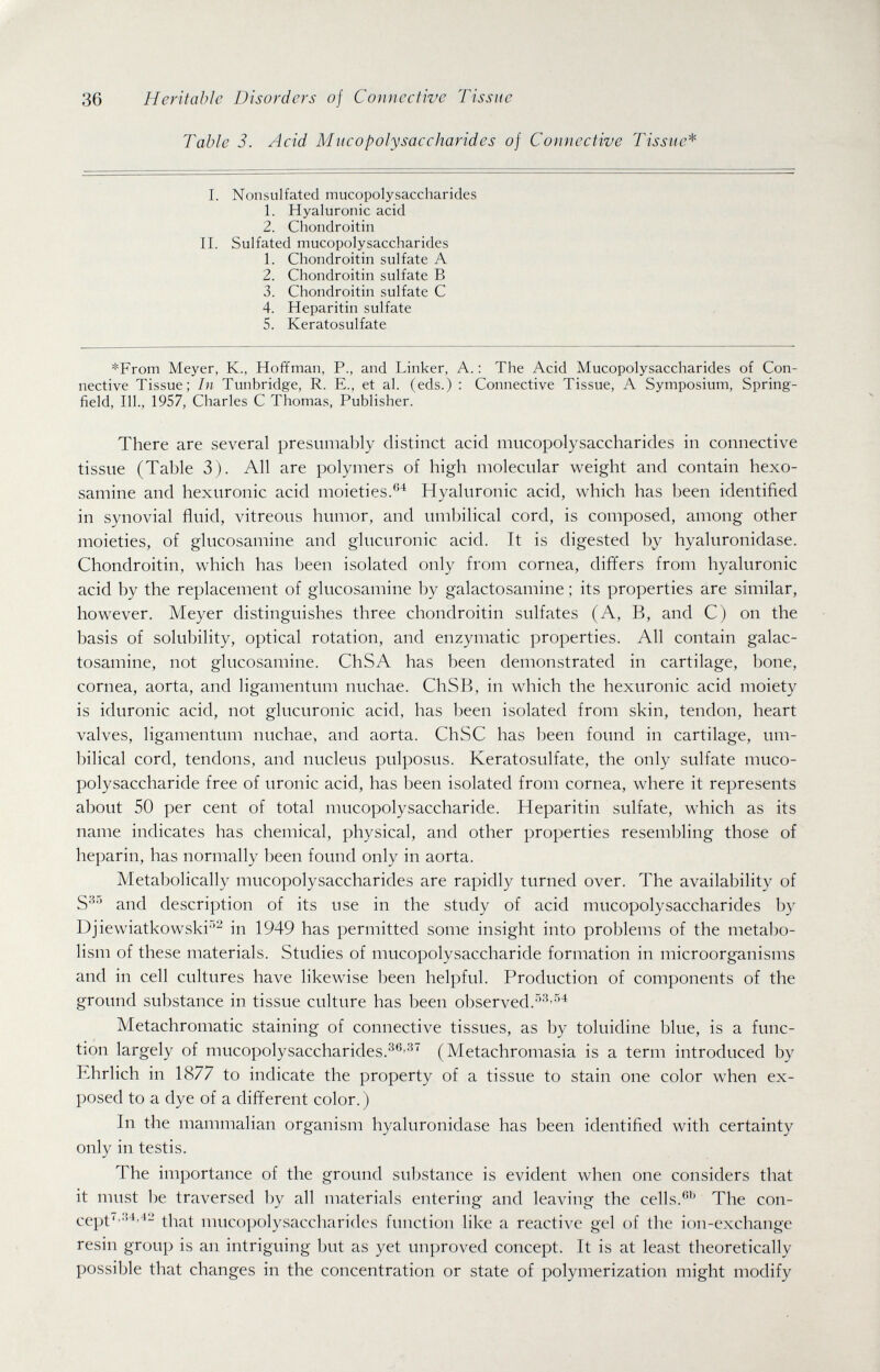 36 Heritable Disorders of Connective Tissue Table 3. Acid Mucopolysaccharides of Connective Tissue^ I. Nonsulfated mucopolysaccharides 1. Hyaluronic acid 2. Chondroitin II. Sulfated mucopolysaccharides 1. Chondroitin sulfate A 2. Chondroitin sulfate В 3. Chondroitin sulfate С 4. Heparitin sulfate 5. Keratosulfate *From Meyer, K., Hoffman, P., and Linker, A. : The Acid Mucopolysaccharides of Con¬ nective Tissue; In Tunbridge, R. E., et al. (eds.) : Connective Tissue, A Symposium, Spring¬ field, 111., 1957, Charles С Thomas, Publisher. There are several presumably distinct acid mucopolysaccharides in connective tissue (Table 3). All are polymers of high molecular weight and contain hexo- samine and hexuronic acid moieties.Hyaluronic acid, which has been identified in synovial fluid, vitreous humor, and umbilical cord, is composed, among other moieties, of glucosamine and glucuronic acid. It is digested by hyaluronidase. Chondroitin, which has been isolated only from cornea, differs from hyaluronic acid by the replacement of glucosamine by galactosamine ; its properties are similar, however. Meyer distinguishes three chondroitin sulfates (A, B, and C) on the basis of solubility, optical rotation, and enzymatic properties. All contain galac¬ tosamine, not glucosamine. ChSA has been demonstrated in cartilage, bone, cornea, aorta, and liganientum nuchae. ChSB, in which the hexuronic acid moiety is iduronic acid, not glucuronic acid, has been isolated from skin, tendon, heart valves, ligamentum nuchae, and aorta. ChSC has been found in cartilage, um¬ bilical cord, tendons, and nucleus pulposus. Keratosulfate, the only sulfate muco¬ polysaccharide free of uronic acid, has been isolated from cornea, where it represents about 50 per cent of total mucopolysaccharide. Heparitin sulfate, which as its name indicates has chemical, physical, and other properties resembling those of heparin, has normally been found only in aorta. Metabolically mucopolysaccharides are rapidly turned over. The availability of and description of its use in the study of acid mucopolysaccharides by Djiewiatkowski-'- in 1949 has permitted some insight into problems of the metabo¬ lism of these materials. Studies of mucopolysaccharide formation in microorganisms and in cell cultures have likewise been helpful. Production of components of the ground substance in tissue culture has been observed. Metachromatic staining of connective tissues, as by toluidine blue, is a func¬ tion largely of mucopolysaccharides.^®-'^'' (Metachromasia is a term introduced by Ehrlich in 1877 to indicate the property of a tissue to stain one color when ex¬ posed to a dye of a different color.) In the mammalian organism hyaluronidase has been identified with certainty only in testis. The importance of the ground substance is evident when one considers that it must be traversed by all materials entering and leaving the cells.The con- cept'®'''^- that mucopolysaccharides function like a reactive gel of the ion-exchange resin group is an intriguing but as yet unproved concept. It is at least theoretically possible that changes in the concentration or state of polymerization might modify