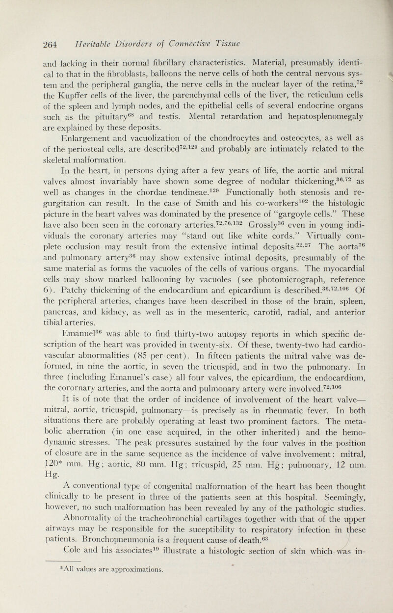 264 Heritable Disorders of Connective Tissue and lacking in their normal fibrillary characteristics. Material, presumably identi¬ cal to that in the fibroblasts, balloons the nerve cells of both the central nervous sys¬ tem and the peripheral ganglia, the nerve cells in the nuclear layer of the retina, the Kupffer cells of the liver, the parenchymal cells of the liver, the reticulum cells of the spleen and lymph nodes, and the epithelial cells of several endocrine organs such as the pituitary^''^ and testis. Mental retardation and hepatosplenomegaly are explained by these deposits. Enlargement and vacuolization of the chondrocytes and osteocytes, as well as of the periosteal cells, are described^^'^^^ and probably are intimately related to the skeletal malformation. In the heart, in persons dying after a few years of life, the aortic and mitral valves almost invariably have shown some degree of nodular thickening,^®-'''^ as well as changes in the chordae tendineae.^^^ Functionally both stenosis and re¬ gurgitation can result. In the case of Smith and his co-workers^®^ the histologic picture in the heart valves was dominated by the presence of gargoyle cells. These have also been seen in the coronary arteries.Grossly^® even in young indi¬ viduals the coronary arteries may stand out like white cords. Virtually com¬ plete occlusion may result from the extensive intimai deposits.^^-^^ The aorta'''® and pulmonary artery^® may show extensive intimai deposits, presumably of the same material as forms the vacuoles of the cells of various organs. The myocardial cells may show marked ballooning by vacuoles (see photomicrograph, reference 6). Patchy thickening of the endocardium and epicardium is described.Of the peripheral arteries, changes have been described in those of the brain, spleen, pancreas, and kidney, as well as in the mesenteric, carotid, radial, and anterior tibial arteries. Emanuel'^® was able to find thirty-two autopsy reports in which specific de¬ scription of the heart was provided in twenty-six. Of these, twenty-two had cardio¬ vascular abnormalities (85 per cent). In fifteen patients the mitral valve was de¬ formed, in nine the aortic, in seven the tricuspid, and in two the pulmonary. In three (including Emanuel's case) all four valves, the epicardium, the endocardium, the corornary arteries, and the aorta and pulmonary artery were involved. It is of note that the order of incidence of involvement of the heart valve— mitral, aortic, tricuspid, pulmonary—is precisely as in rheumatic fever. In both situations there are probably operating at least two prominent factors. The meta¬ bolic aberration (in one case acquired, in the other inherited) and the hemo¬ dynamic stresses. The peak pressures sustained by the four valves in the position of closure are in the same sequence as the incidence of valve involvement : mitral, ,120* mm. Hg; aortic, 80 mm. Hg; tricuspid, 25 mm. Hg; pulmonary, 12 mm. Hg. A conventional type of congenital malformation of the heart has been thought clinically to be present in three of the patients seen at this hospital. Seemingly, however, no such malformation has been revealed by any of the pathologic studies. Abnormality of the tracheobronchial cartilages together with that of the upper airways may be responsible for the suceptibility to respiratory infection in these patients. Bronchopneumonia is a frequent cause of death. Cole and his associatesi^ illustrate a histologic section of skin which was in- *A11 values are approximations.