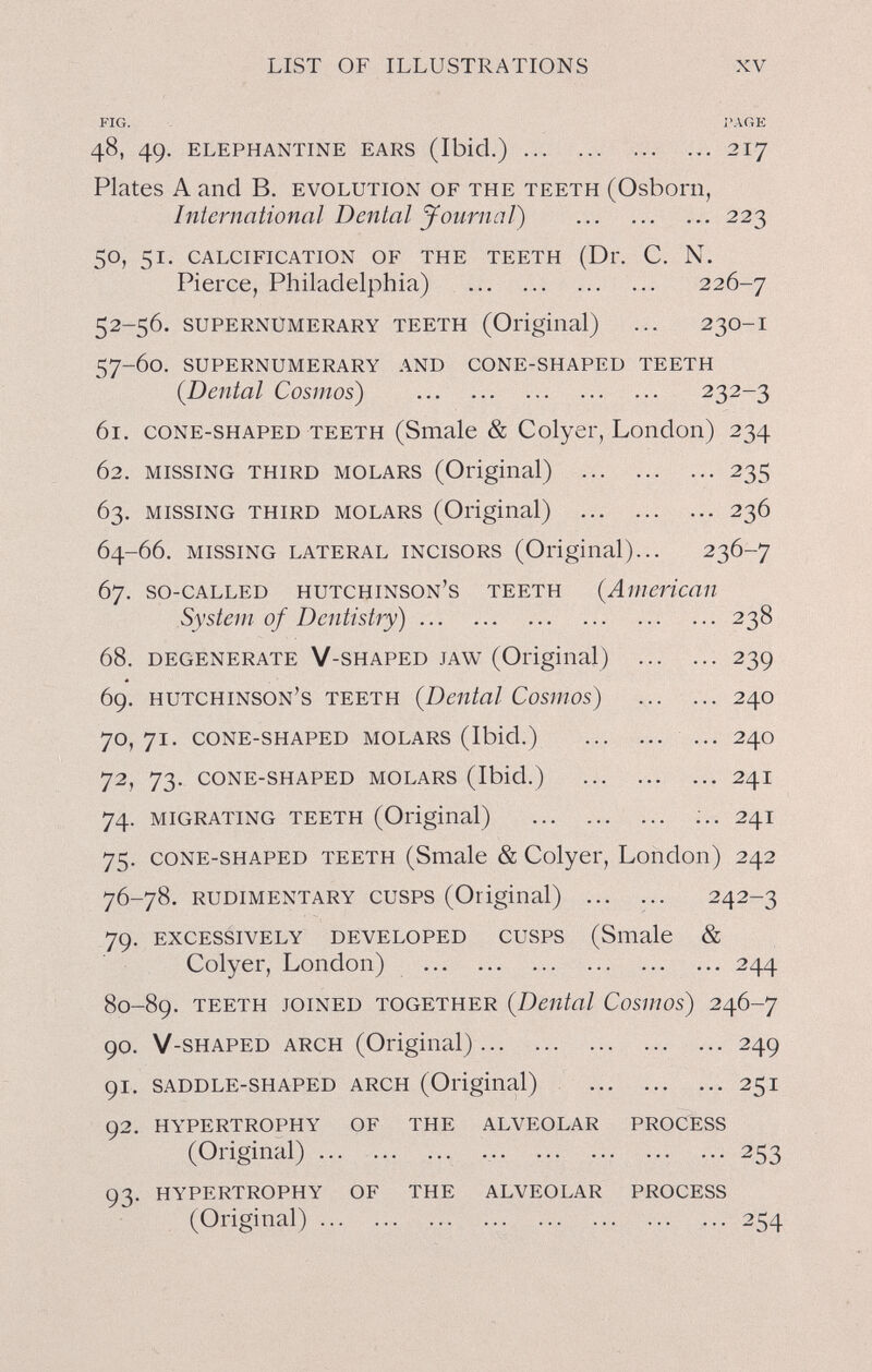 LIST OF ILLUSTRATIONS xv FIG. I'AGE 48, 49. elephantine ears (Ibicl.) 217 Plates A and B. evolution of the teeth (Osborn, International Dental Journal) 223 50, 51. calcification of the teeth (Dr. C. N. Pierce, Philadelphia)  226-7 52-56. supernumerary teeth (Original) ... 230-1 57-60. supernumerary and cone-shaped teeth (Dental Cosmos)  232-3 61. cone-shaped teeth (Smale & Colyer, London) 234 62. missing third molars (Original) 235 63. missing third molars (Original) 236 64-66. missing lateral incisors (Original)... 236-7 67. so-called Hutchinson's teeth {American System of Dentistry) 238 68. degenerate V-shaped jaw (Original) 239 69. hutchinson's teeth {Dental Cosmos) ... ... 240 70. 71. cone-shaped molars (Ibid.)  ... 24O 72, 73. cone-shaped molars (Ibid.) 24I 74. migrating teeth (Original)  ;.. 241 75. cone-shaped teeth (Smale & Colyer, London) 242 76-78. rudimentary cusps (Original)  242-3 79. excessively developed cusps (Smale & Colyer, London) 244 80-89. teeth joined together {Dental Cosmos) 246-7 90. V-shaped arch (Original) 249 91. saddle-shaped arch (Original) 251 92. hypertrophy of the alveolar process (Original)  253 93. hypertrophy of the alveolar process (Original) 254