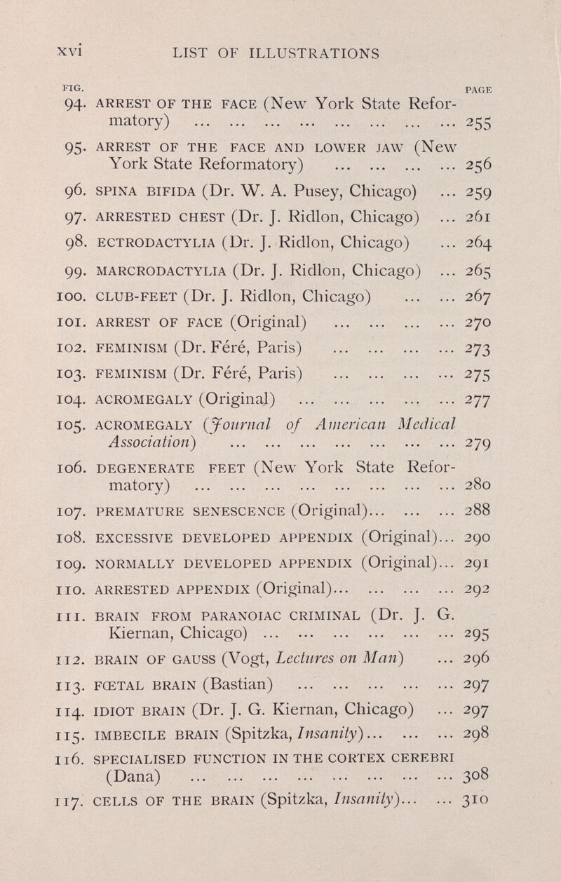 xvi LIST OF ILLUSTRATIONS FIG. PAGK 94. ARREST OF THE FACE (New York State Refor¬ matory) 255 95. ARREST OF THE FACE AND LOWER JAW (NeW York State Reformatory)  96, SPINA BIFIDA (Dr. W. A. Pusey, Chicago) 97, ARRESTED CHEST (Dr. J. Ridlon, Chicago) 98. ECTRODACTYLiA (Dr. J. Ricllon, Chicago) 99. MARCRODACTYLiA (Dr. J. Ridlon, Chicago) 100. CLUB-FEET (Dr. J. Ridlon, Chicago) ICI. ARREST OF FACE (Original)  102. FEMINISM (Dr. Féré, Paris)  103. FEMINISM (Dr. Féré, Paris)  104. ACROMEGALY (Original)  105. ACROMEGALY {Joimial of American Medical Association)  106. DEGENERATE FEET (New York state Refor matory)  107. PREMATURE SENESCENCE (Original) 108. EXCESSIVE DEVELOPED APPENDIX (Original).. 109. NORMALLY DEVELOPED APPENDIX (Original)., no. ARRESTED APPENDIX (Original).. 111. BRAIN FROM PARANOIAC CRIMINAL (Dr. J. < Kiernan, Chicago)  112. BRAIN OF GAUSS (Vogt, Lectiires on Man) 113. FŒTAL BRAIN (Bastian)  114. IDIOT BRAIN (Dr. J. G. Kiernan, Chicago) 115. IMBECILE BRAIN (Spitzka,/Я5ШИ(у) 116. SPECIALISED FUNCTION IN THE CORTEX CEREBR (Dana)  256 259 261 264 265 267 270 273 275 277 279 280 288 290 291 292 295 296 297 297 298 308 117. CELLS OF THE BRAIN (Spitzka, Insanity)... ... 310