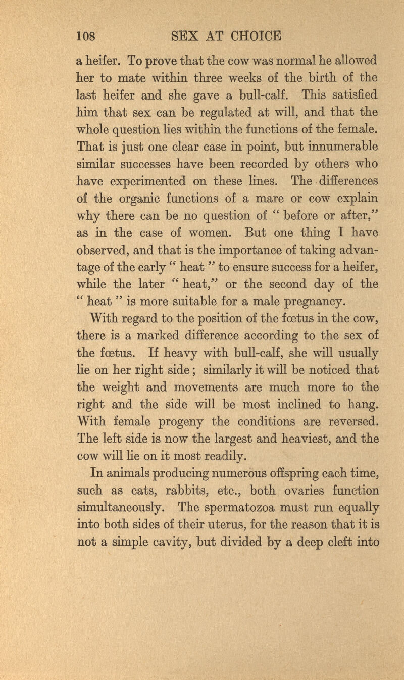 108 SEX AT CHOICE a heifer. To prove that the cow was normal he allowed her to mate within three weeks of the birth of the last heifer and she gave a bull-calf. This satisfied him that sex can be regulated at will, and that the whole question lies within the functions of the female. That is just one clear case in point, but innumerable similar successes have been recorded by others who have experimented on these lines. The ■ differences of the organic fimctions of a mare or cow explain why there can be no question of  before or after,'' as in the case of women. But one thing I have observed, and that is the importance of taking advan¬ tage of the early  heat  to ensure success for a heifer, while the later  heat, or the second day of the  heat  is more suitable for a male pregnancy. With regard to the position of the fœtus in the cow, there is a marked difference according to the sex of the foetus. If heavy with bull-calf, she will usually lie on her right side ; similarly it will be noticed that the weight and movements are much more to the right and the side will be most inclined to hang. With female progeny the conditions are reversed. The left side is now the largest and heaviest, and the cow will lie on it most readily. In animals producing numerous offspring each time, such as cats, rabbits, etc., both ovaries function simultaneously. The spermatozoa must run equally into both sides of their uterus, for the reason that it is not a simple cavity, but divided by a deep cleft into