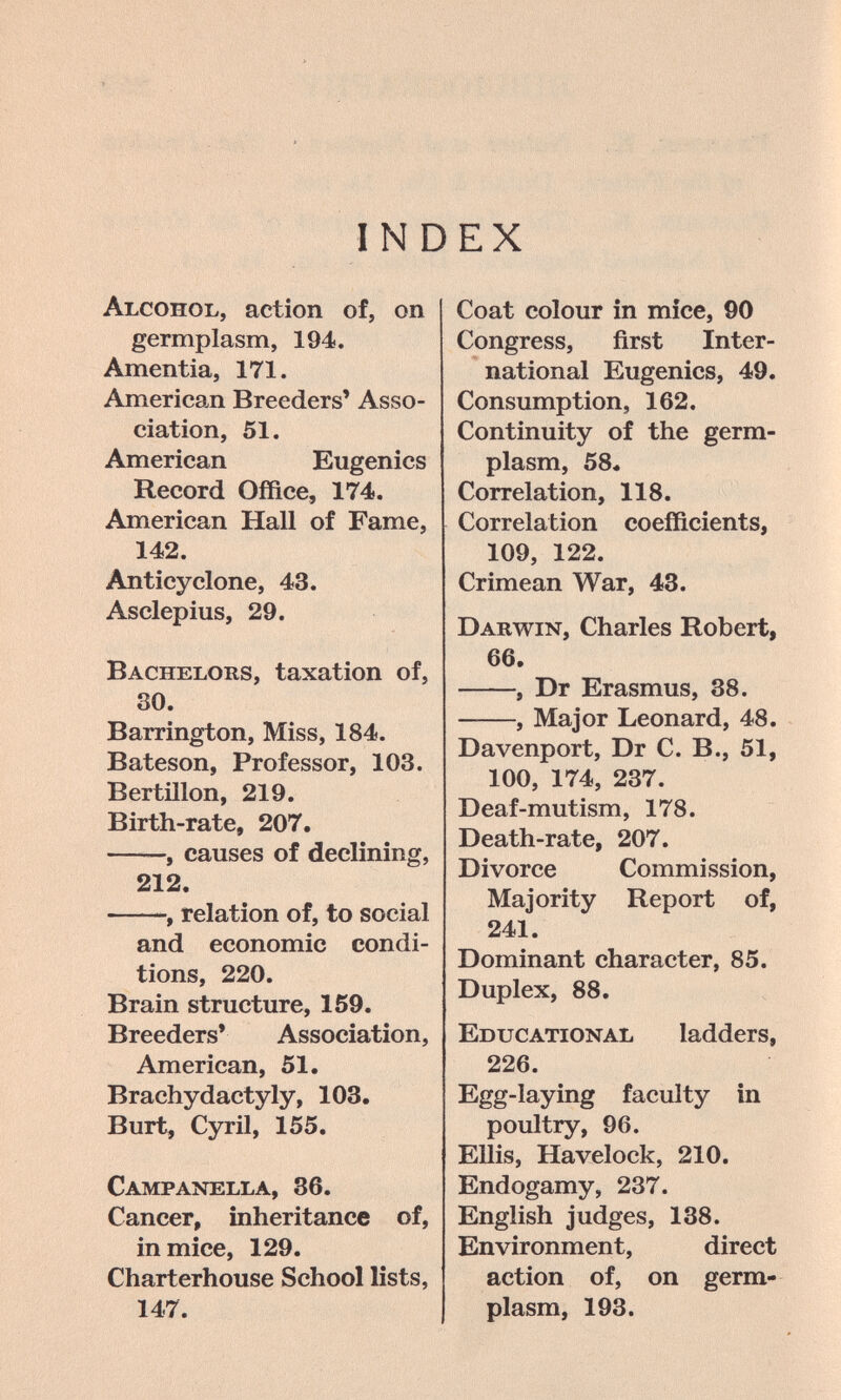 INDEX Alcohol, action of, on germplasm, 194. Amentia, 171. American Breeders' Asso¬ ciation, 51. American Eugenics Record Office, 174. American Hall of Fame, 142. Anticyclone, 43. Asclepius, 29. Bachelors, taxation of, 30. Barrington, Miss, 184. Bateson, Professor, 103. Bertillon, 219. Birth-rate, 207. , causes of declining, 212. -, relation of, to social and economic condi¬ tions, 220. Brain structure, 159. Breeders* Association, American, 51. Brachydactyly, 103. Burt, Cyril, 155. Campanella, 36. Cancer, inheritance of, in mice, 129. Charterhouse School lists, 147. Coat colour in mice, 90 Congress, first Inter¬ national Eugenics, 49. Consumption, 162. Continuity of the germ- plasm, 58. Correlation, 118. Correlation coefficients, 109, 122. Crimean War, 43. Darwin, Charles Robert, 66. , Dr Erasmus, 38. , Major Leonard, 48. Davenport, Dr С. В., 51, 100, 174, 237. Deaf-mutism, 178. Death-rate, 207. Divorce Commission, Majority Report of, 241. Dominant character, 85. Duplex, 88. Educational ladders, 226. Egg-laying faculty in poultry, 96. Ellis, Havelock, 210. Endogamy, 237. English judges, 138. Environment, direct action of, on germ- plasm, 193.