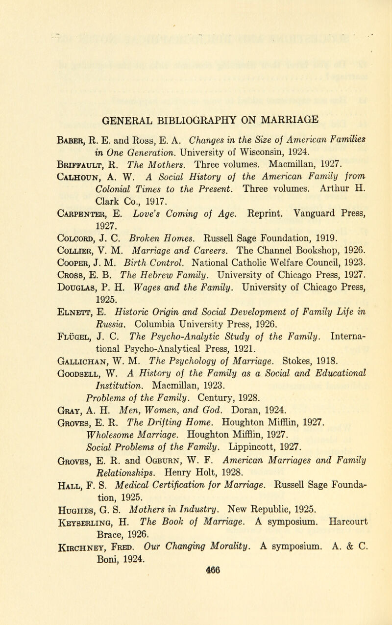 GENERAL BIBLIOGRAPHY ON MARRIAGE B aber , R. E. and Ross, E. A. Changes in the Size of American Families in One Generation. University of Wisconsin, 1924. B riffault , R. The Mothers. Three volumes. Macmillan, 1927. C alhoun, A. W. A Social History of the American Family from Colonial Times to the Present. Three volumes. Arthur H. Clark Co., 1917. C arpenter, E. Love's Coming of Age. Reprint. Vanguard Press, 1927. C olcord, J. C. Broken Homes. Russell Sage Foundation, 1919. C ollier , V. M. Marriage and Careers. The Channel Bookshop, 1926. C ooper, J. M. Birth Control. National Catholic Welfare Council, 1923. C ross, E. B. The Hebrew Family. University of Chicago Press, 1927. D ouglas , P. H. Wages and the Family. University of Chicago Press, 1925. E lnett, E. Historic Origin and Social Development of Family Life in Russia. Columbia University Press, 1926. F lügel, J. C. The Psycho-Analytic Study of the Family. Interna tional Psycho-Analytical Press, 1921. G allichan, W. M. The Psychology of Marriage. Stokes, 1918. G oodsell, W. A History of the Family as a Social and Educational Institution. Macmillan, 1923. Problems of the Family. Century, 1928. G ray , A. H. Men, Women, and God. Doran, 1924. G roves, E. R. The Drifting Home. Houghton Mifflin, 1927. Wholesome Marriage. Houghton Mifflin, 1927. Social Problems of the Family. Lippincott, 1927. G roves, E. R. and O gburn, W. F. American Marriages and Family Relationships. Henry Holt, 1928. H all , F. S. Medical Certification for Marriage. Russell Sage Founda tion, 1925. H ughes , G. S. Mothers in Industry. New Republic, 1925. K eyserling , H. The Book of Marriage. A symposium. Harcourt Brace, 1926. K irchney, F red. Our Changing Morality. A symposium. A. & C. Boni, 1924.