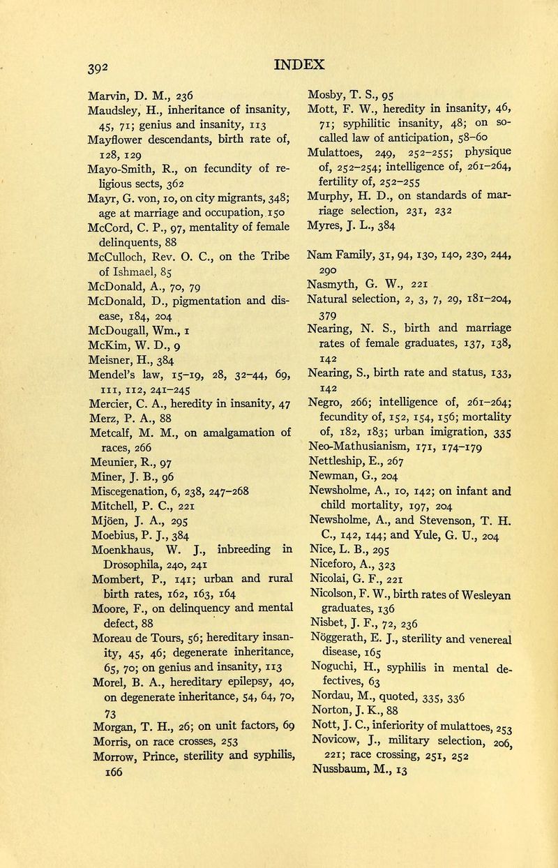 392 INDEX Marvin, D. M., 236 Maudsley, H., inheritance of insanity, 45, 71; genius and insanity, 113 Mayflower descendants, birth rate of, 128, 129 Mayo-Smith, R., on fecundity of re¬ ligious sects, 362 Mayr, G. von, 10, on city migrants, 348; age at marriage and occupation, , 150 McCord, C. P., 97, mentality of female delinquents, 88 McCulloch, Rev. O. C., on the Tribe of Ishmael, 85 McDonald, A., 70, 79 McDonald, D., pigmentation and dis¬ ease, 184, 204 McDougall, Wm., i McKim, W. D., 9 Meisner, H., 384 Mendel's law, 15-19, 28, 32-44, 69, III, 112, 241-245 Mercier, С. A., heredity in insanity, 47 Merz, P. A., 88 Metcalf, M. M., on amalgamation of races, 266 Meunier, R., 97 Miner, J. В., 96 Miscegenation, 6, 238, 247-268 Mitchell, P. C., 221 Mjöen, J. A., 29s Moebius, P. J., 384 Moenkhaus, W. J., inbreeding in Drosophila, 240, 241 Mombert, P., 141; urban and rural birth rates, 162, 163, 164 Moore, F., on delinquency and mental defect, 88 Moreau de Tours, 56; hereditary insan¬ ity, 45, 46; degenerate ioheritance, 65, 70; on genius and insanity, 113 Morel, B. A., hereditary epilepsy, 40, on degenerate inheritance, 54, 64, 70, 73 Morgan, T. H., 26; on unit factors, 69 Morris, on race crosses, 253 Morrow, Prince, sterility and syphilis, 166 Mosby, T. S., 95 Mott, F. W., heredity in insanity, 46, 71; syphilitic insanity, 48; on so- called law of anticipation, 58-60 Mulattoes, 249, 252-255; physique of, 252-254; intelligence of, 261-264, fertility of, 252-255 Murphy, H. D., on standards of mar¬ riage selection, 231, 232 Myres, J. L., 384 Nam Family, 31, 94, 130, 140, 230, 244, 290 Nasmyth, G. W., 221 Natural selection, 2, 3, 7, 29, 181-204, 379 Nearing, N. S., birth and marriage rates of female graduates, 137, 138, 142 Nearing, S., birth rate and status, 133, 142 Negro, 266; intelligence of, 261-264; fecundity of, 152, 154, 156; mortality of, 182, 183; urban imigration, 335 Neo-Mathusianism, 171, 174-179 Nettleship, E., 267 Newman, G., 204 Newsholme, A., 10, 142; on infant and child mortality, 197, 204 Newshohne, A., and Stevenson, T. H. C., 142, 144; and Yule, G. U., 204 Nice, L. В., 295 Niceforo, A., 323 Nicolai, G. F., 221 Nicolson, F. W., birth rates of Wesleyan graduates, 136 Nisbet, J. F., 72, 236 Nöggerath, E. J., sterility and venereal disease, 165 Noguchi, H., s)фhilis in mental de¬ fectives, 63 Nordau, M., quoted, 335, 336 Norton, J. K., 88 Nott, J. C., inferiority of mulattoes, 253 Novicow, J., military selection, 206 221; race crossing, 251, 252 Nussbaum, M., 13